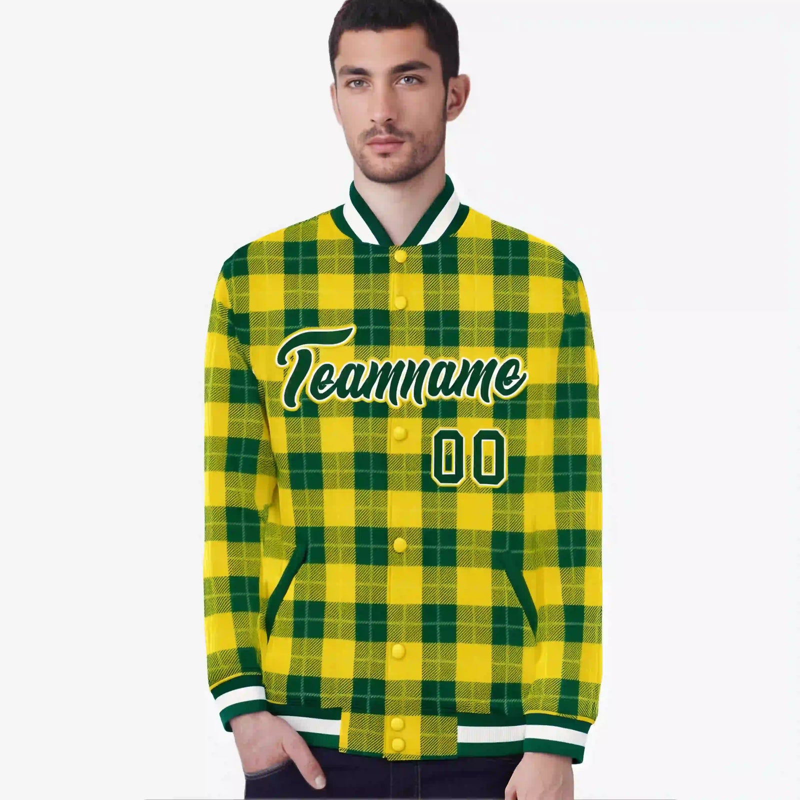 Custom Gold-Green Varsity Full-Snap Plaid Pattern Letterman Baseball Jacket