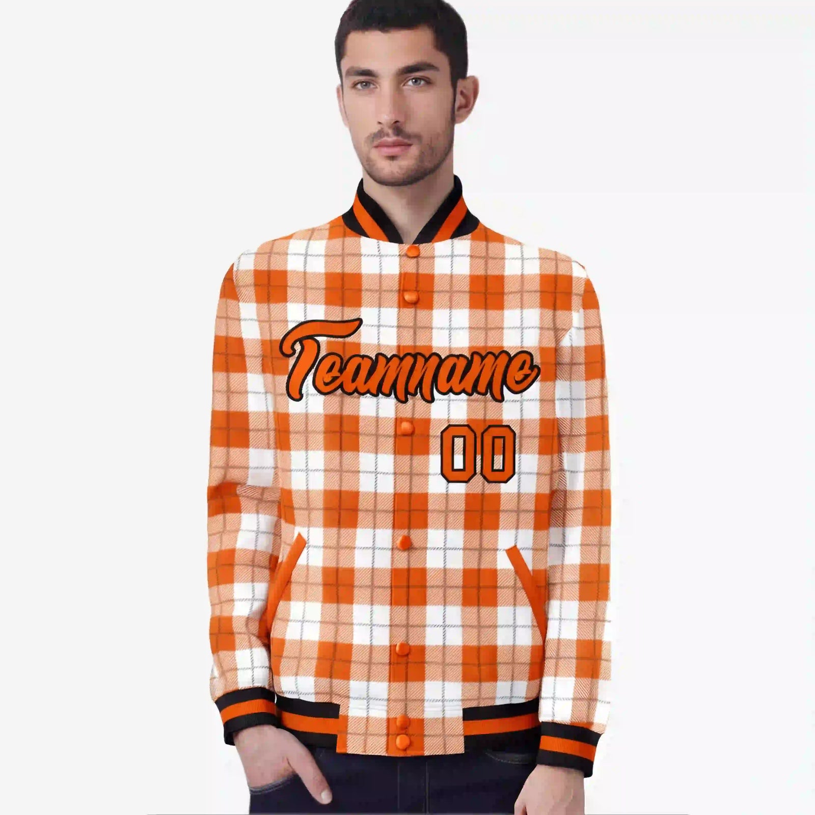 Custom Orange-White Varsity Full-Snap Plaid Pattern Letterman Baseball Jacket