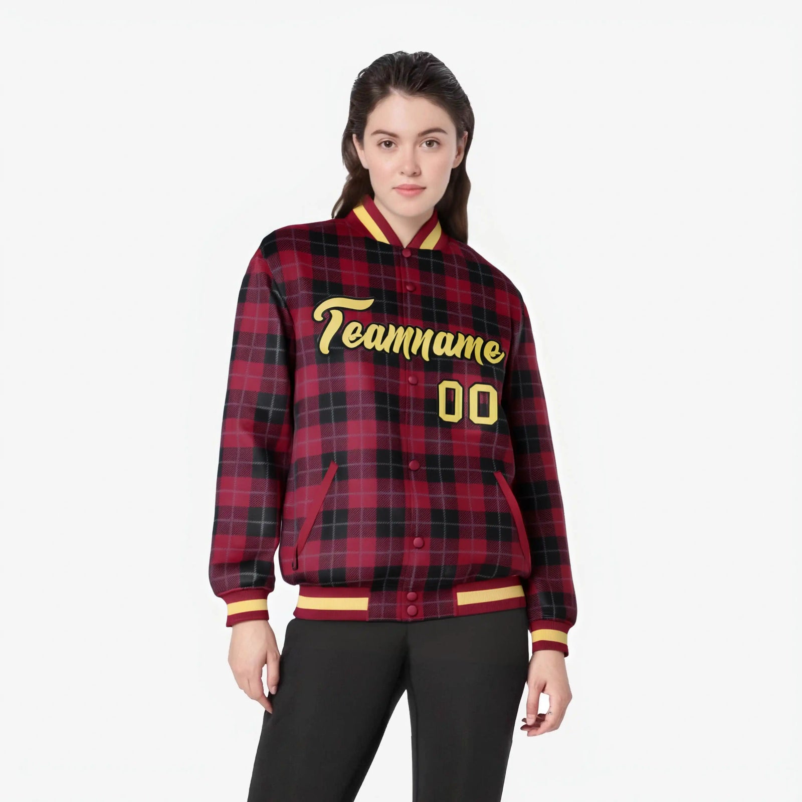 Custom Crimson-Black Varsity Full-Snap Plaid Pattern Letterman Baseball Jacket