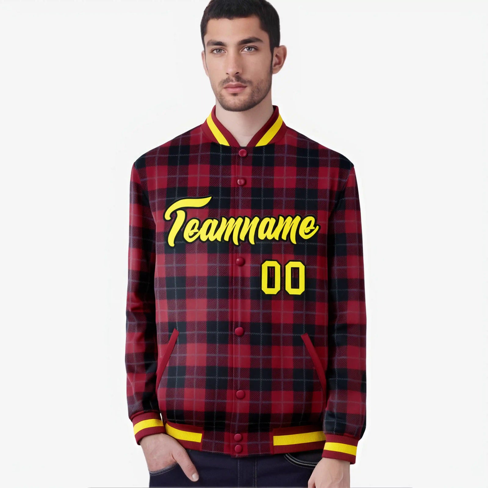 Custom Crimson-Black Varsity Full-Snap Plaid Pattern Letterman Baseball Jacket
