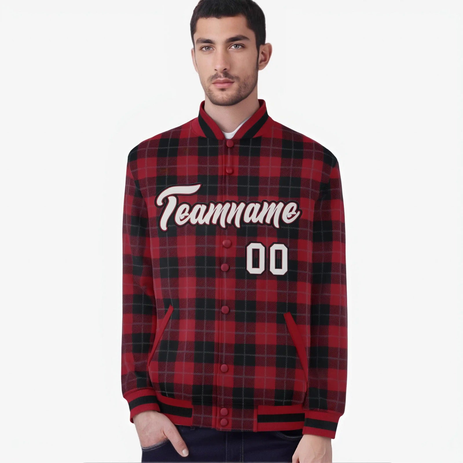 Custom Crimson-Black Varsity Full-Snap Plaid Pattern Letterman Baseball Jacket