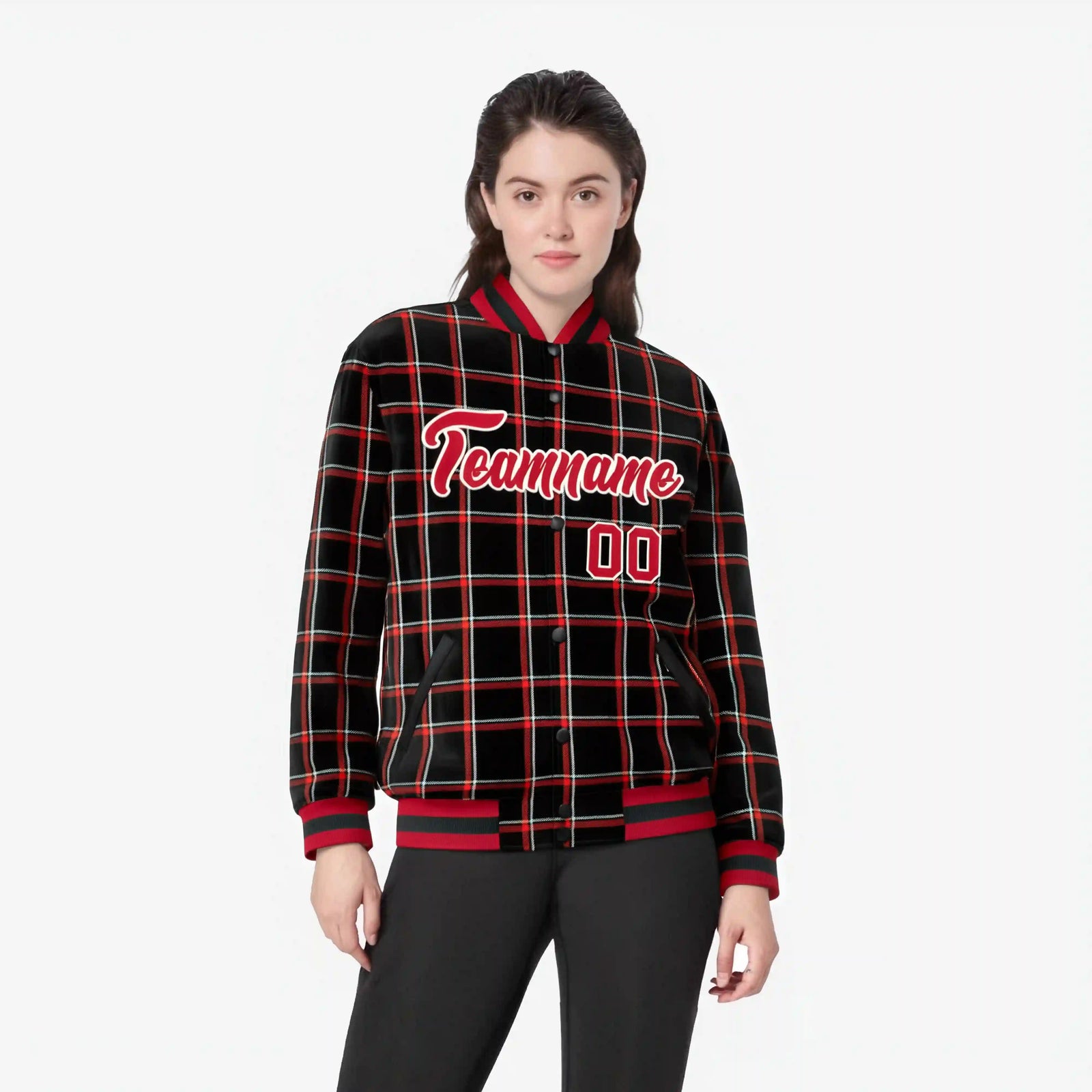 Custom Black-Red Varsity Full-Snap Plaid Pattern Letterman Baseball Jacket