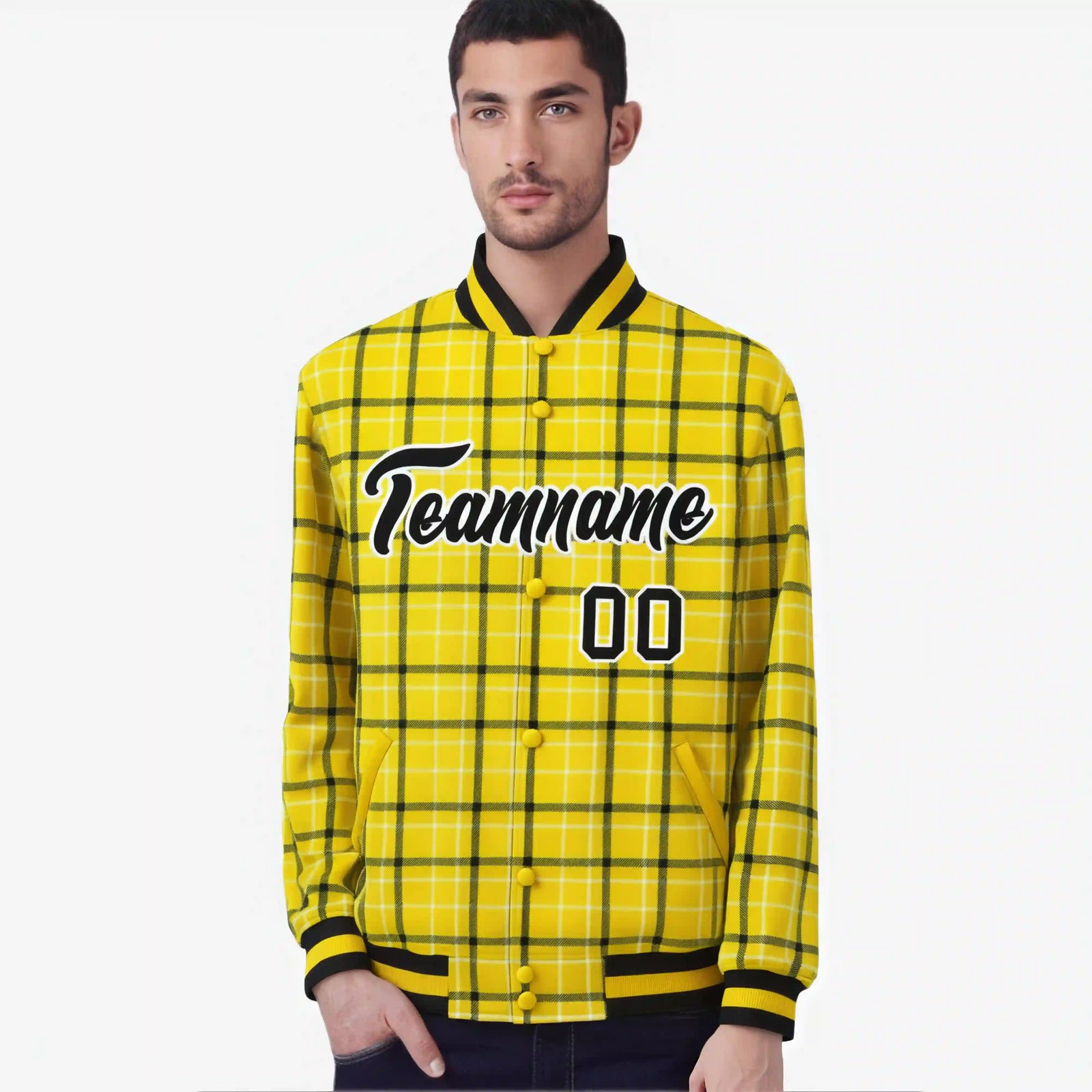 Custom Gold-Black Varsity Full-Snap Plaid Pattern Letterman Baseball Jacket