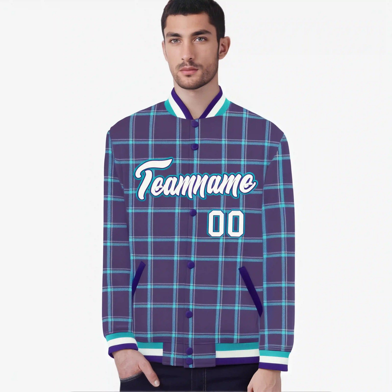 Custom Purple-Aqua Varsity Full-Snap Plaid Pattern Letterman Baseball Jacket