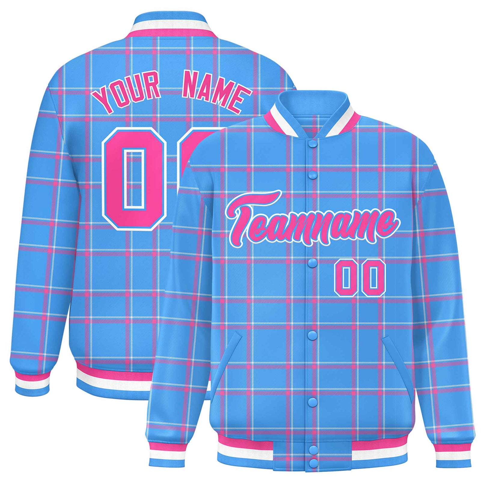 Custom Powder Blue-Pink Varsity Full-Snap Plaid Pattern Letterman Baseball Jacket