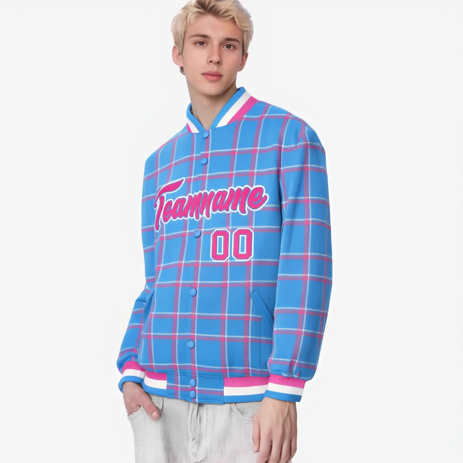 Custom Powder Blue-Pink Varsity Full-Snap Plaid Pattern Letterman Baseball Jacket