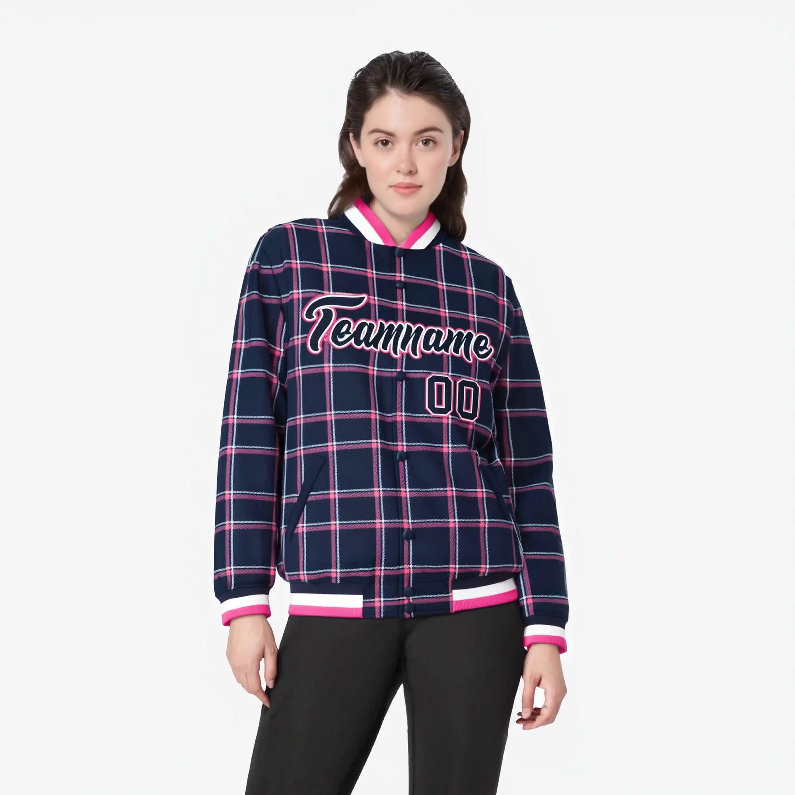 Custom Navy-Pink Varsity Full-Snap Plaid Pattern Letterman Baseball Jacket