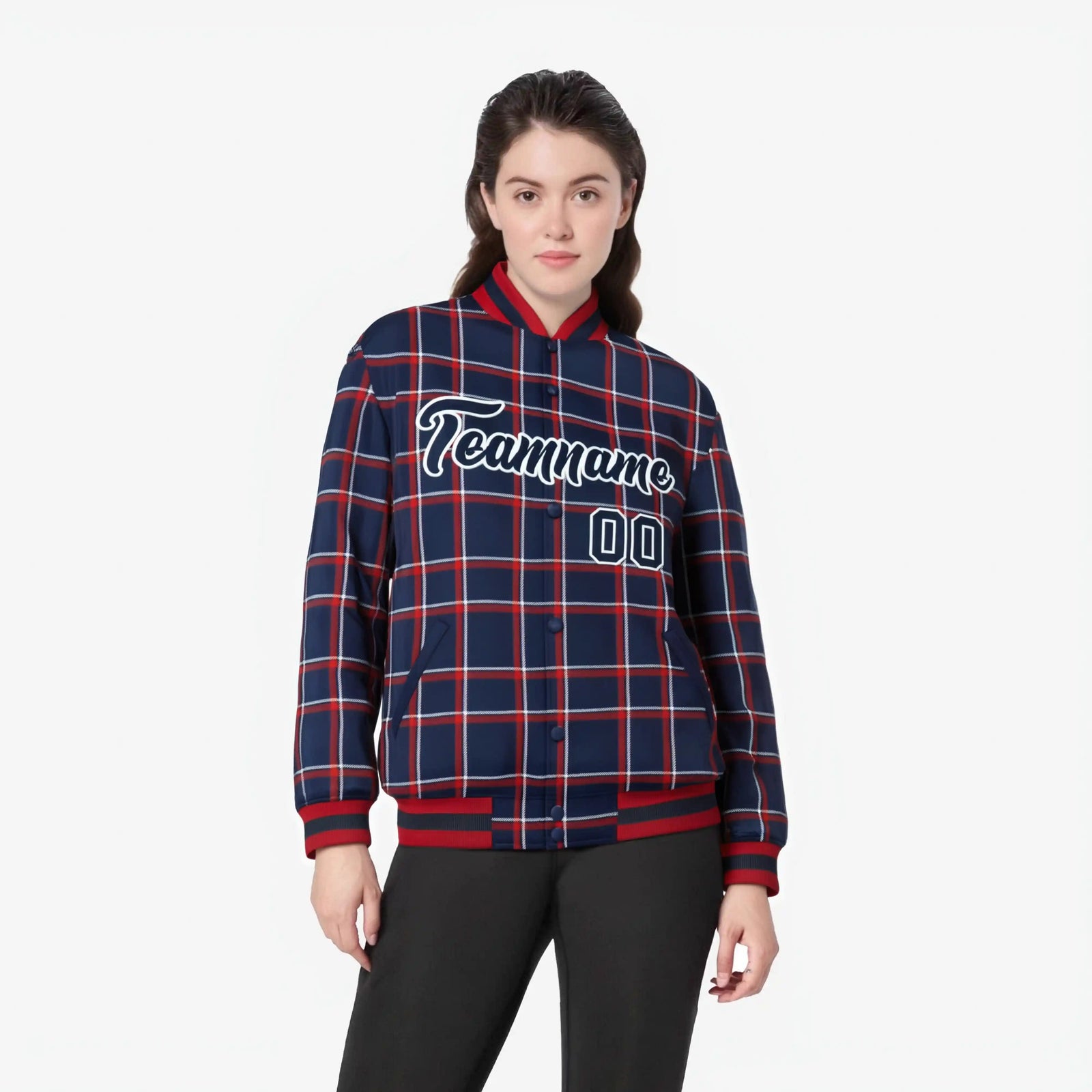 Custom Navy-Red Varsity Full-Snap Plaid Pattern Letterman Baseball Jacket