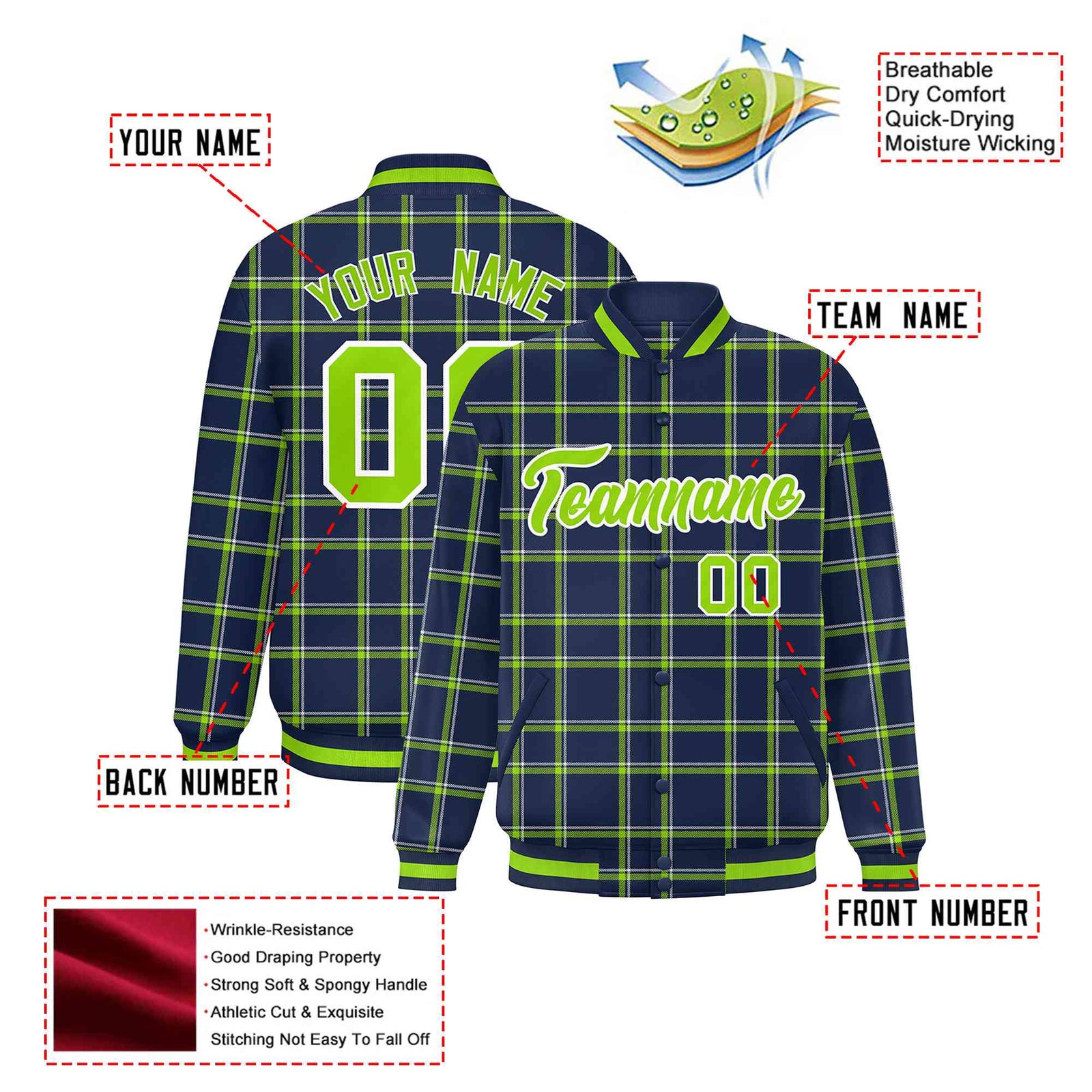 Custom Navy-Kelly Green Varsity Full-Snap Plaid Pattern Letterman Baseball Jacket