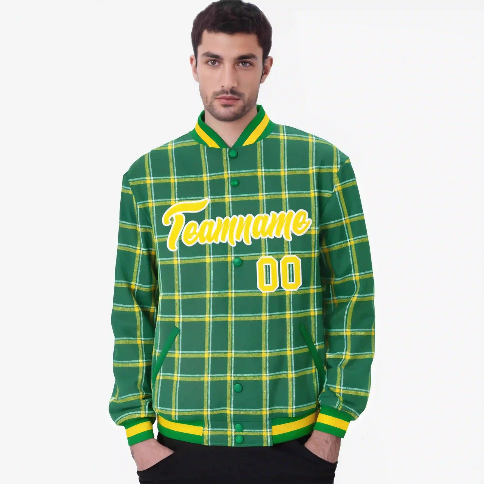 Custom Kelly Green-Gold Varsity Full-Snap Plaid Pattern Letterman Baseball Jacket