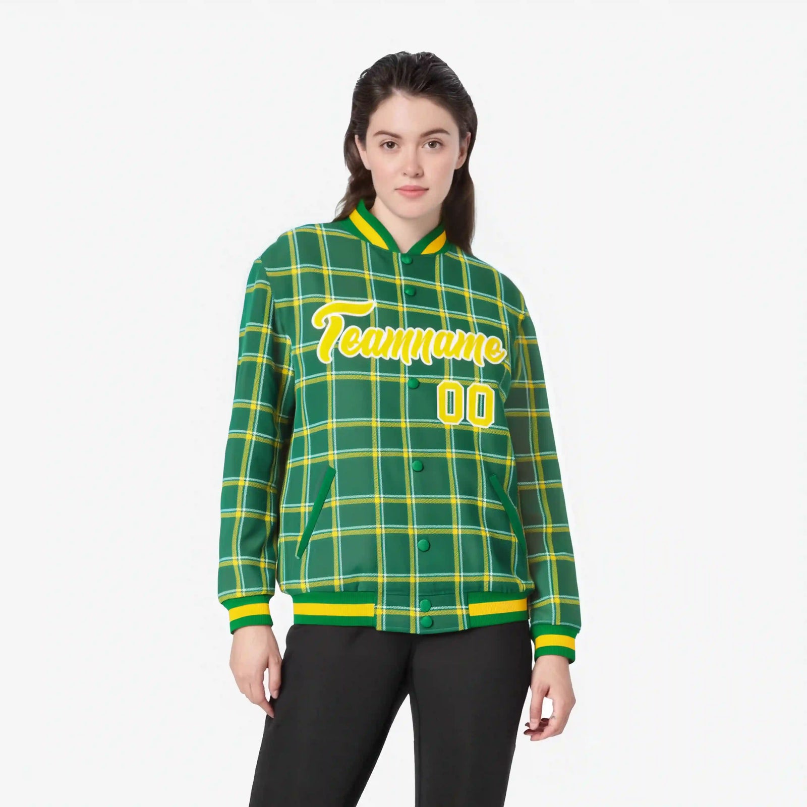 Custom Kelly Green-Gold Varsity Full-Snap Plaid Pattern Letterman Baseball Jacket