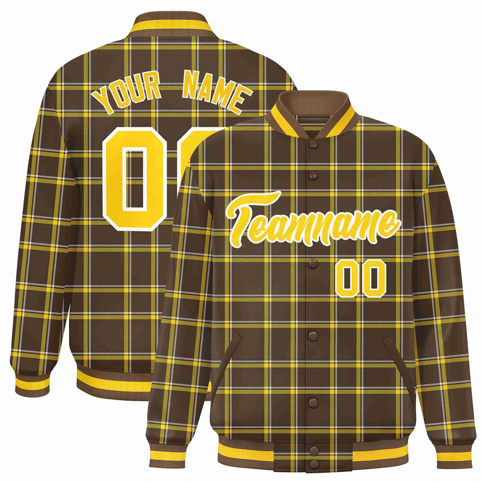 Custom Light Brown-Gold Varsity Full-Snap Plaid Pattern Letterman Baseball Jacket