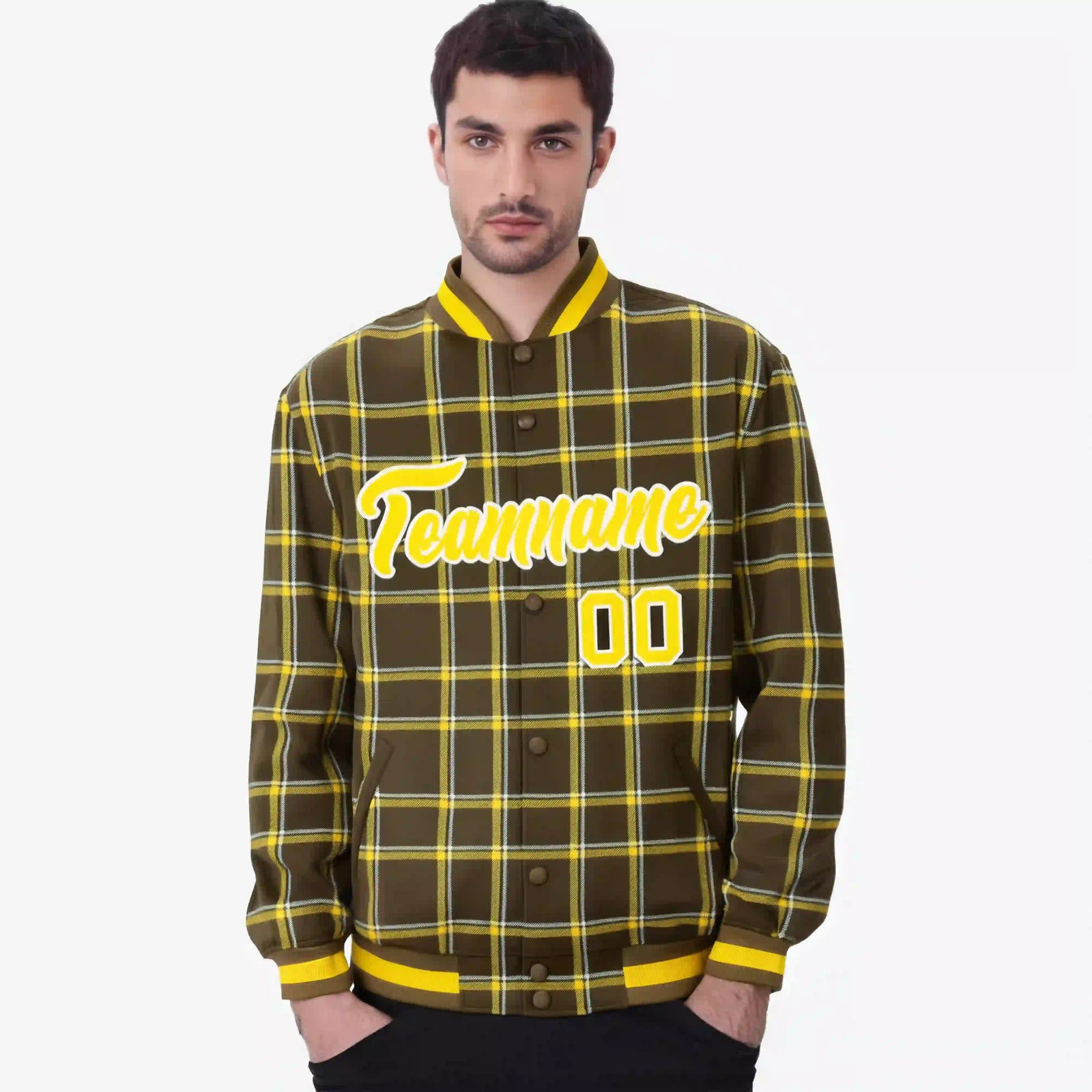 Custom Light Brown-Gold Varsity Full-Snap Plaid Pattern Letterman Baseball Jacket