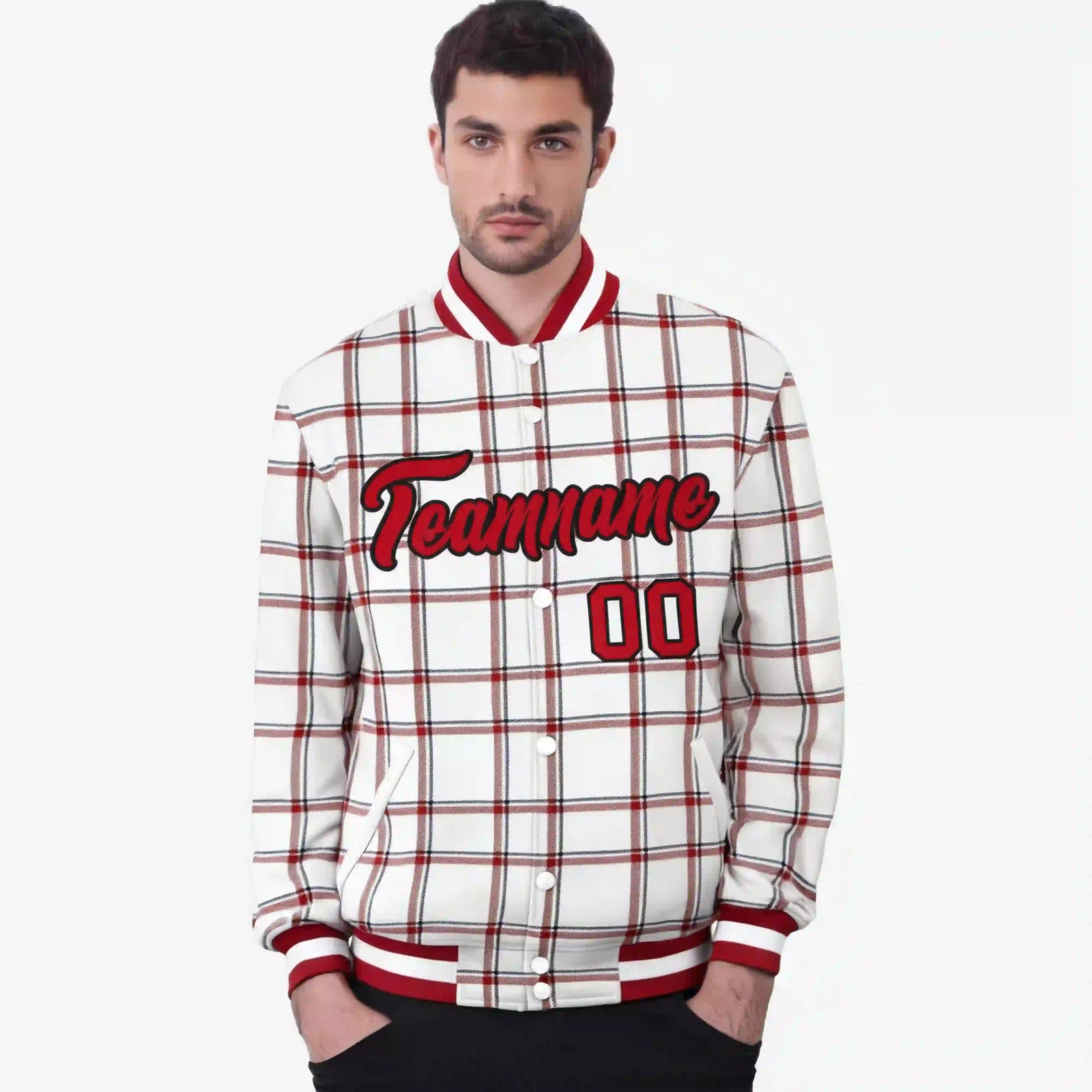 Custom White-Red Varsity Full-Snap Plaid Pattern Letterman Baseball Jacket