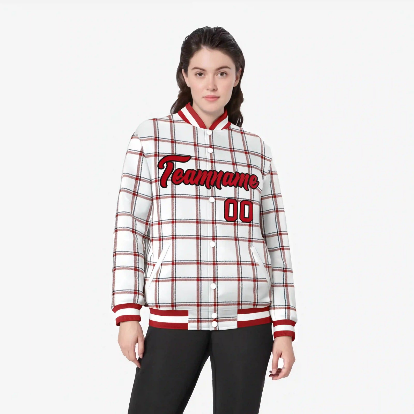 Custom White-Red Varsity Full-Snap Plaid Pattern Letterman Baseball Jacket