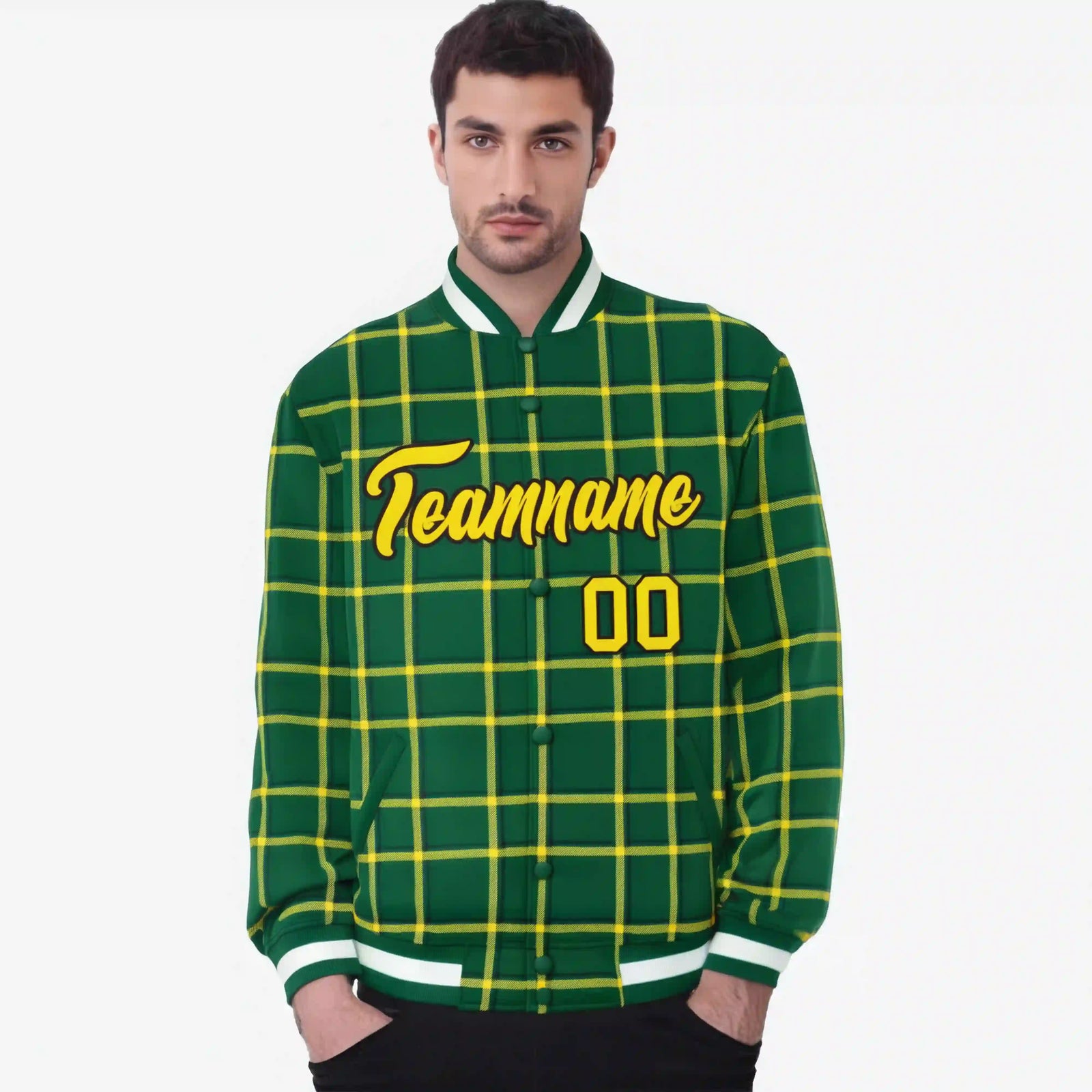 Custom Green-Gold Varsity Full-Snap Plaid Pattern Letterman Baseball Jacket