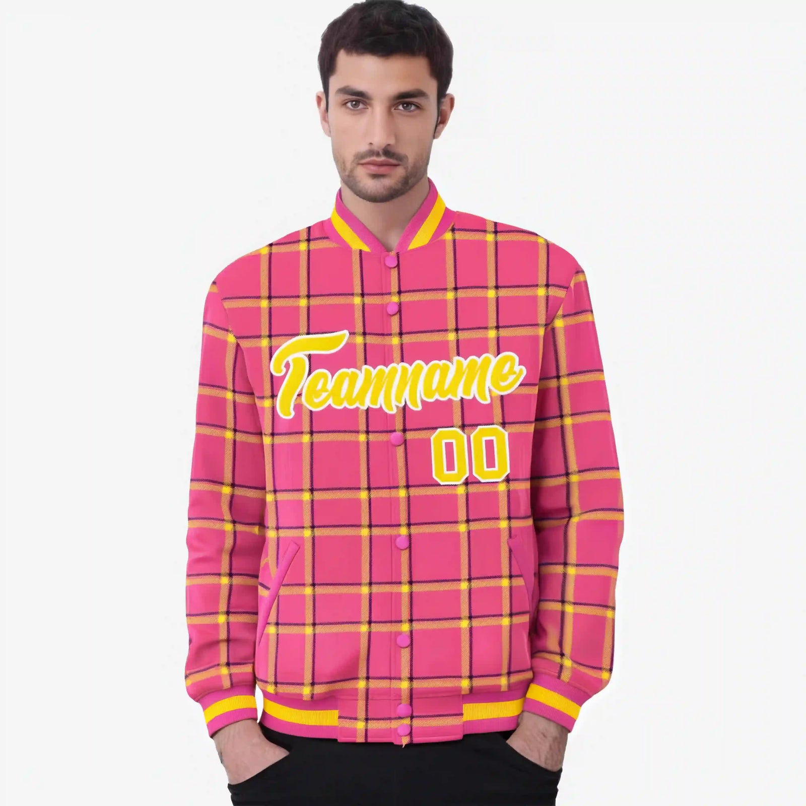 Custom Pink-Gold Varsity Full-Snap Plaid Pattern Letterman Baseball Jacket