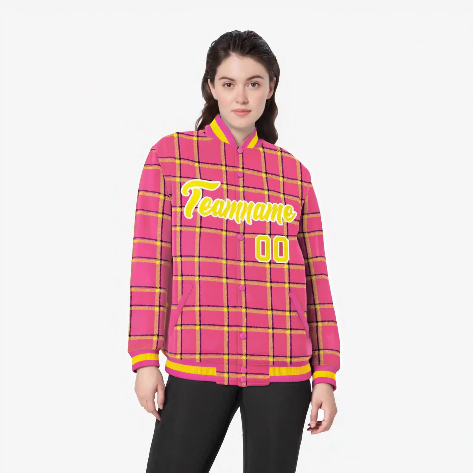 Custom Pink-Gold Varsity Full-Snap Plaid Pattern Letterman Baseball Jacket