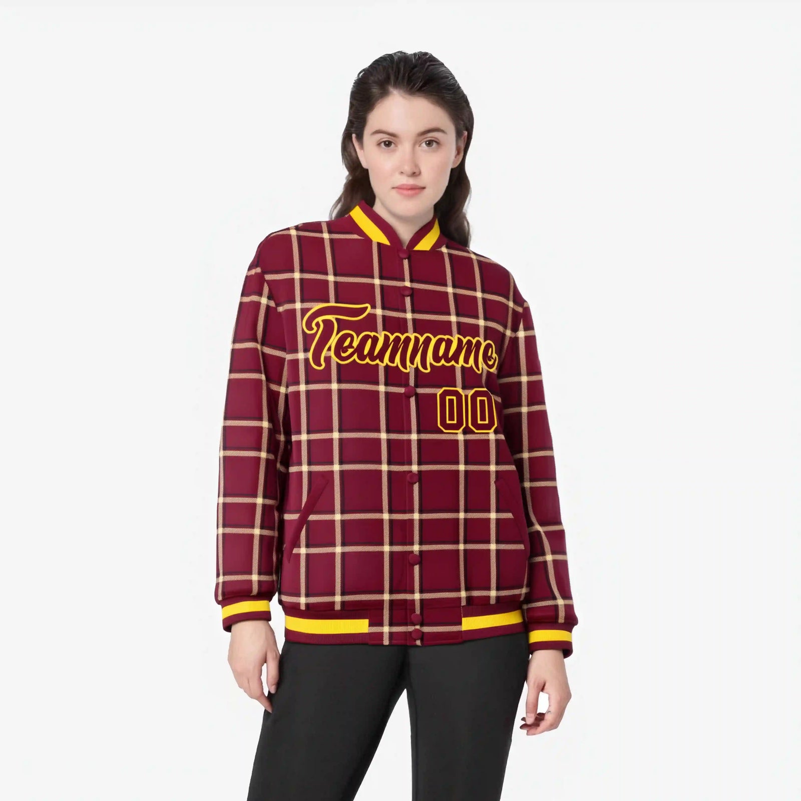 Custom Crimson-Gold Varsity Full-Snap Plaid Pattern Letterman Baseball Jacket