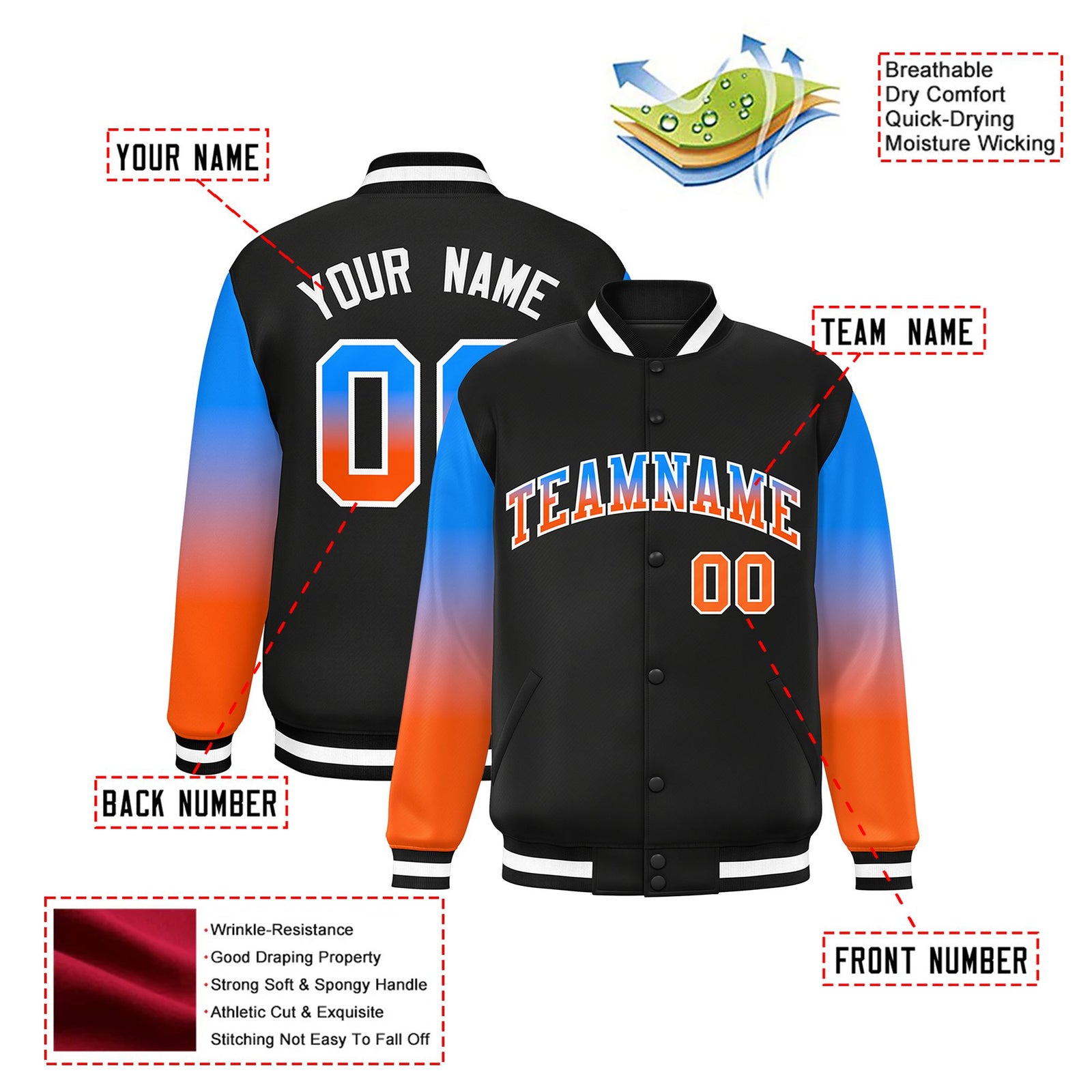 Custom Black Powder Blue-Orange Varsity Full-Snap Sleeve Gradient Fashion Letterman Baseball Jacket