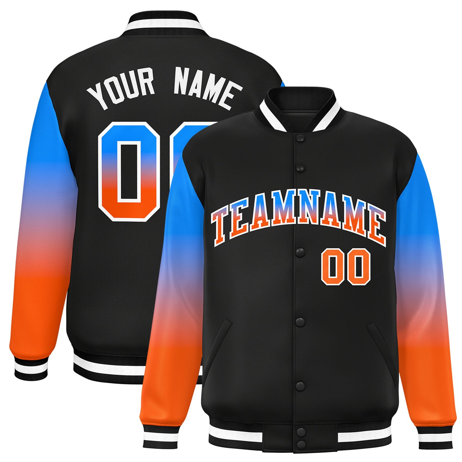 Custom Black Powder Blue-Orange Varsity Full-Snap Sleeve Gradient Fashion Letterman Baseball Jacket