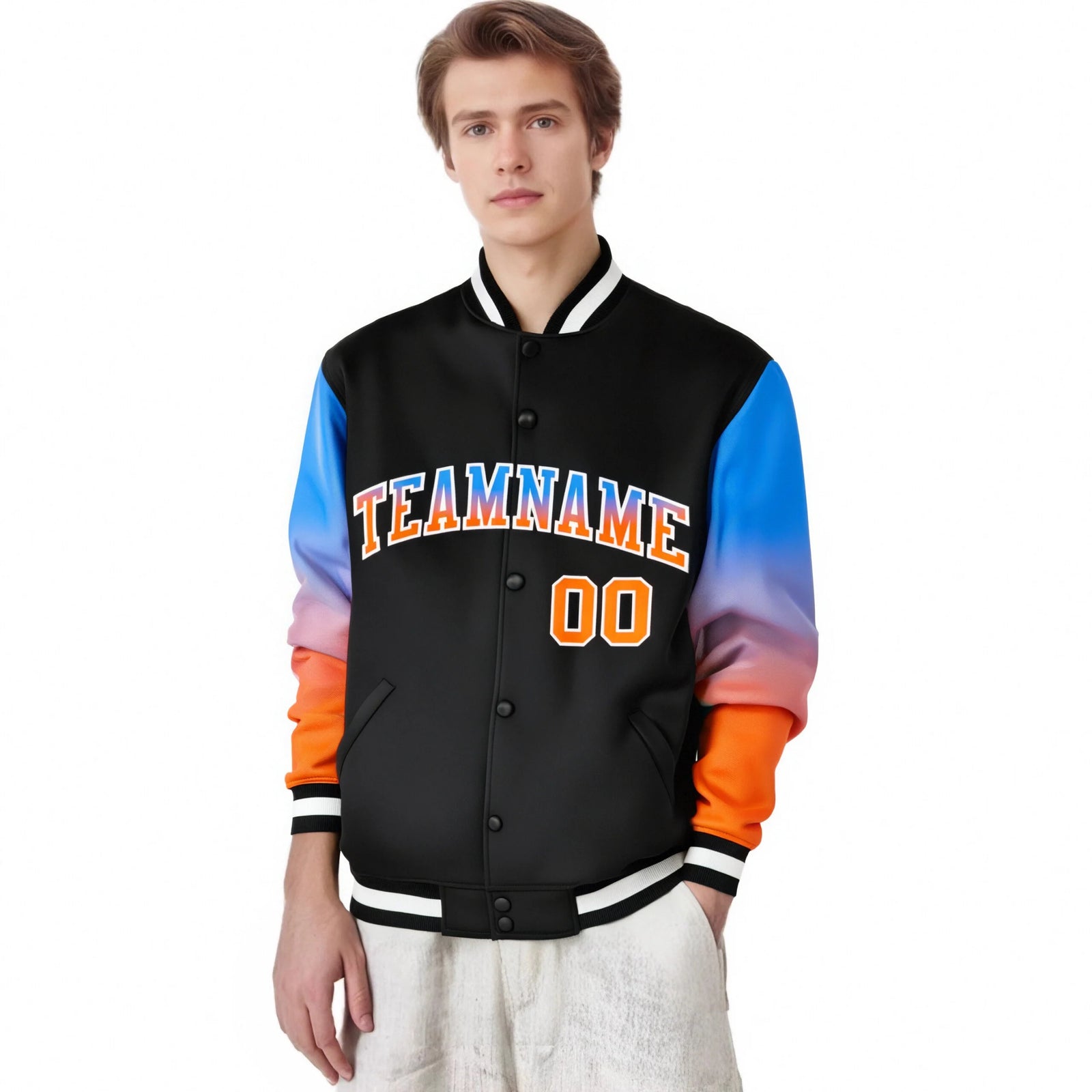 Custom Black Powder Blue-Orange Varsity Full-Snap Sleeve Gradient Fashion Letterman Baseball Jacket