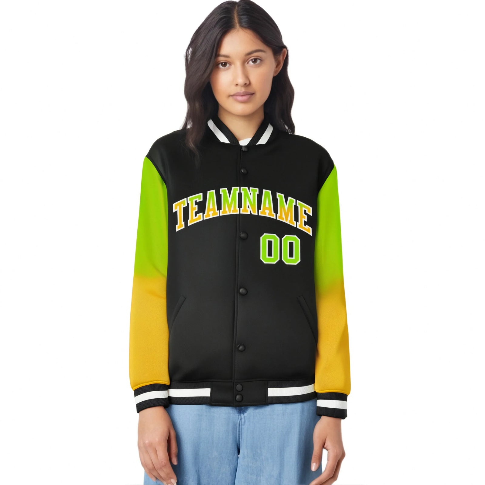 Custom Black Neon Green-Yellow Varsity Full-Snap Sleeve Gradient Fashion Letterman Baseball Jacket