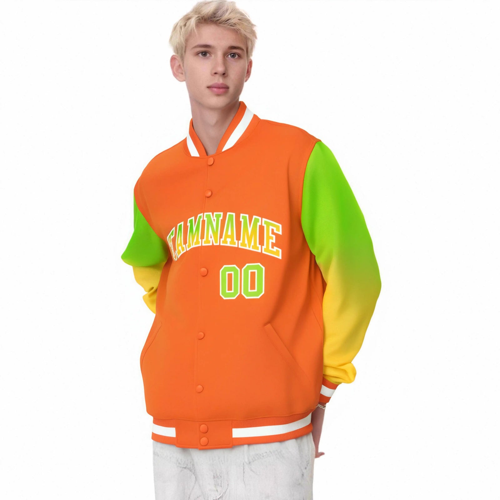 Custom Orange Neon Green-Yellow Varsity Full-Snap Sleeve Gradient Fashion Letterman Baseball Jacket