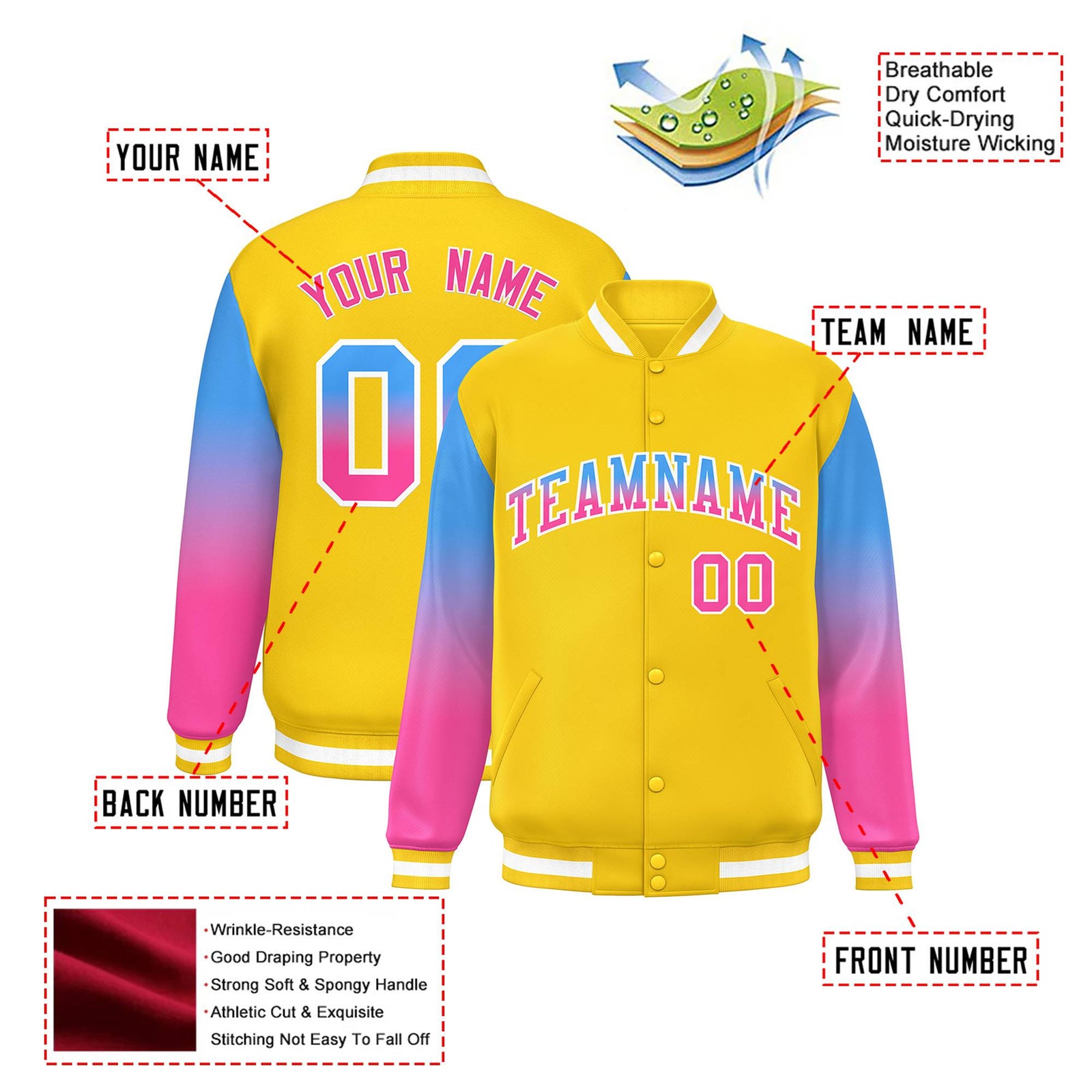 Custom Gold Powder Blue-Pink Varsity Full-Snap Sleeve Gradient Fashion Letterman Baseball Jacket