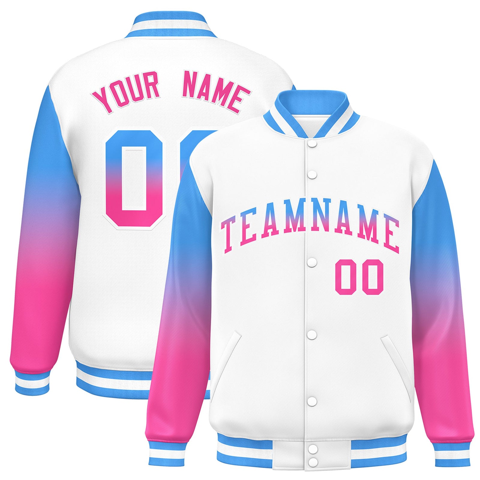 Custom White Powder Blue-Pink Varsity Full-Snap Sleeve Gradient Fashion Letterman Baseball Jacket