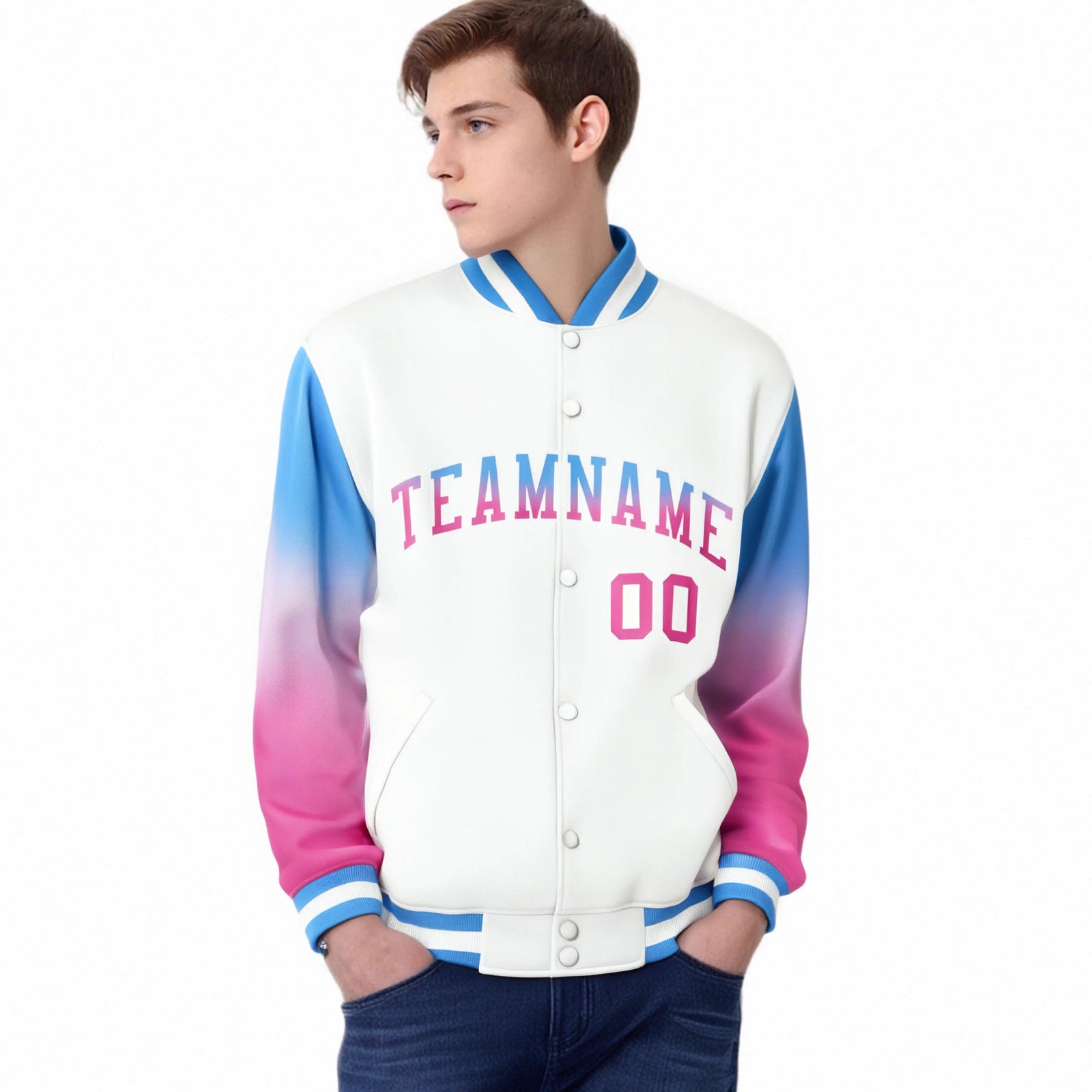 Custom White Powder Blue-Pink Varsity Full-Snap Sleeve Gradient Fashion Letterman Baseball Jacket