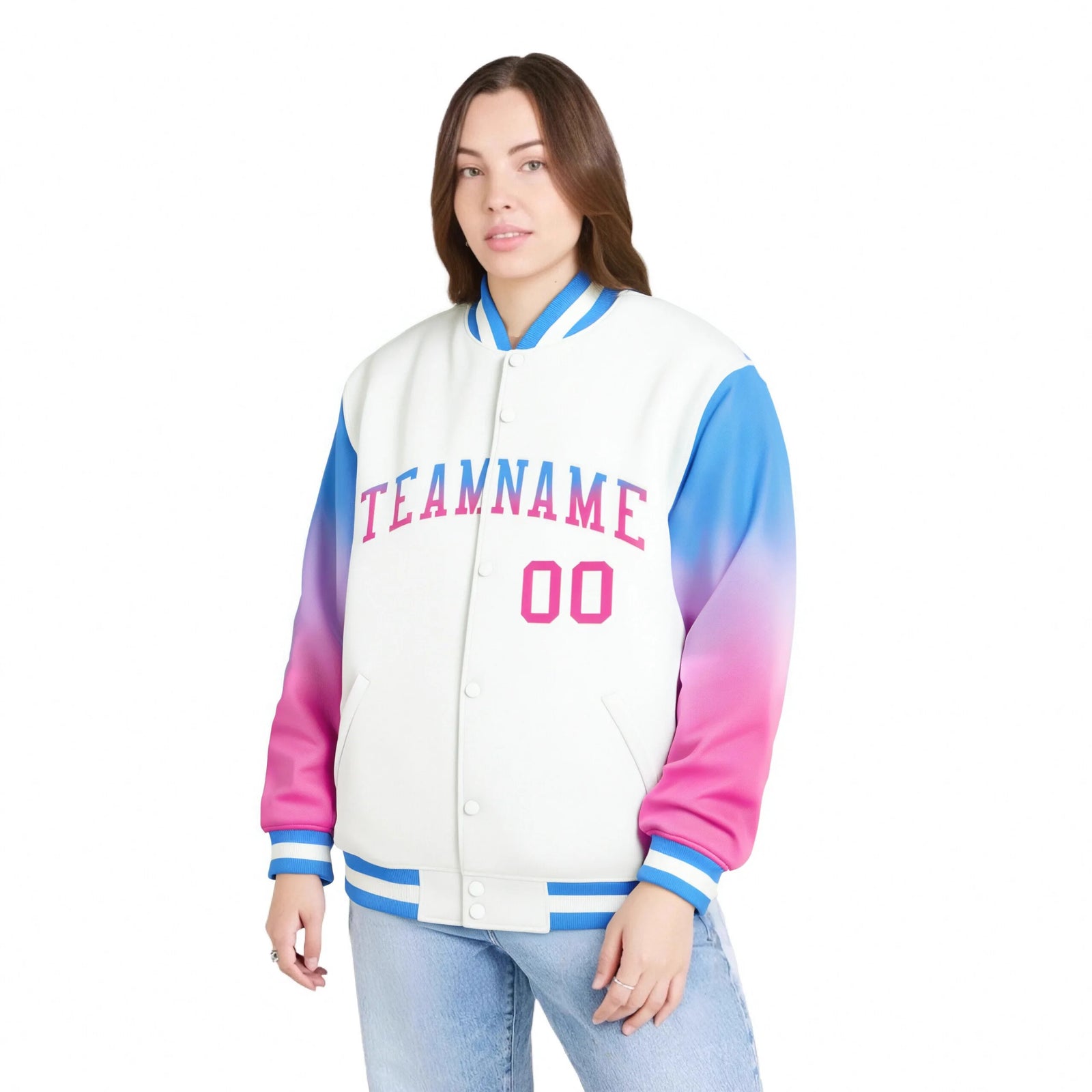 Custom White Powder Blue-Pink Varsity Full-Snap Sleeve Gradient Fashion Letterman Baseball Jacket