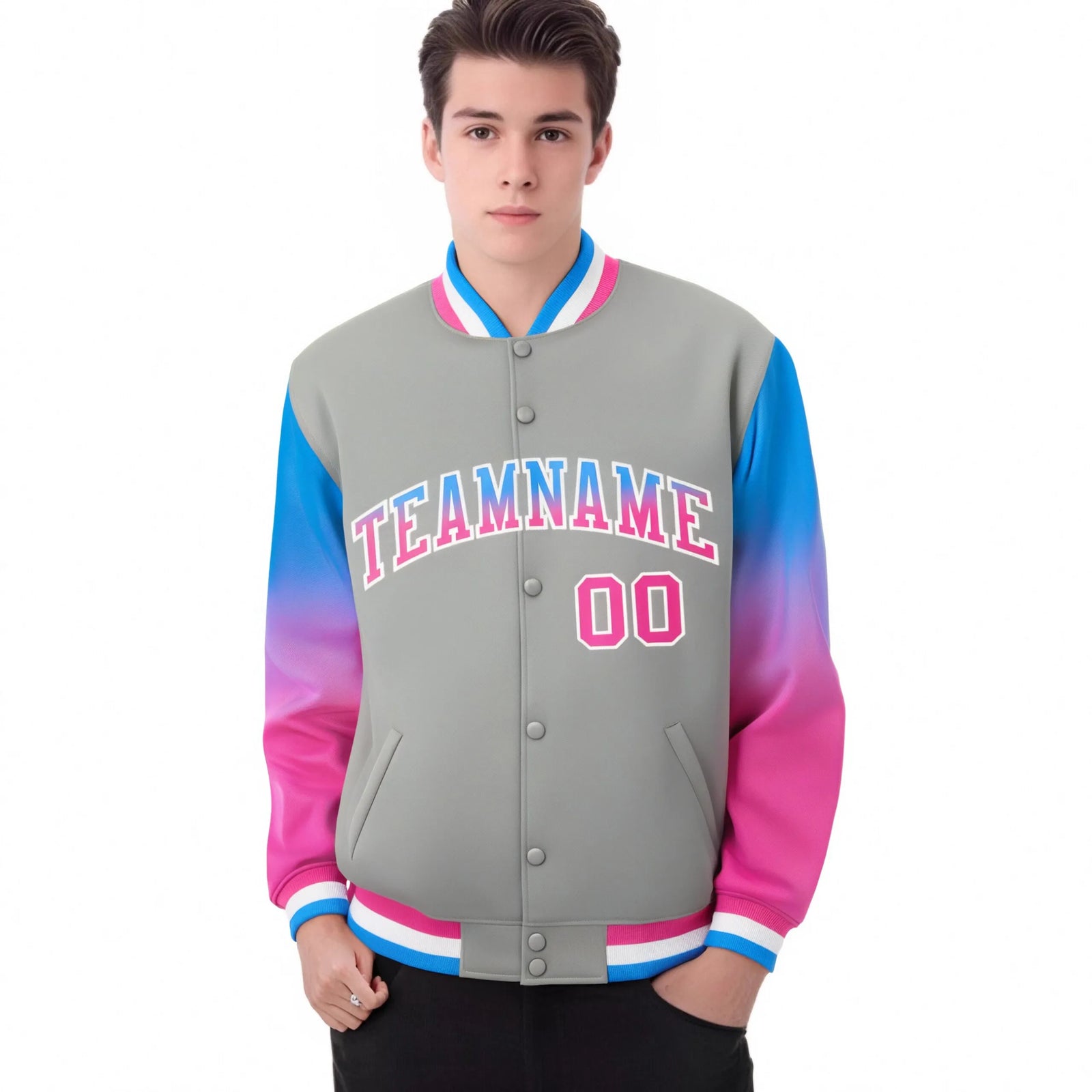 Custom Gray Powder Blue-Pink Varsity Full-Snap Sleeve Gradient Fashion Letterman Baseball Jacket