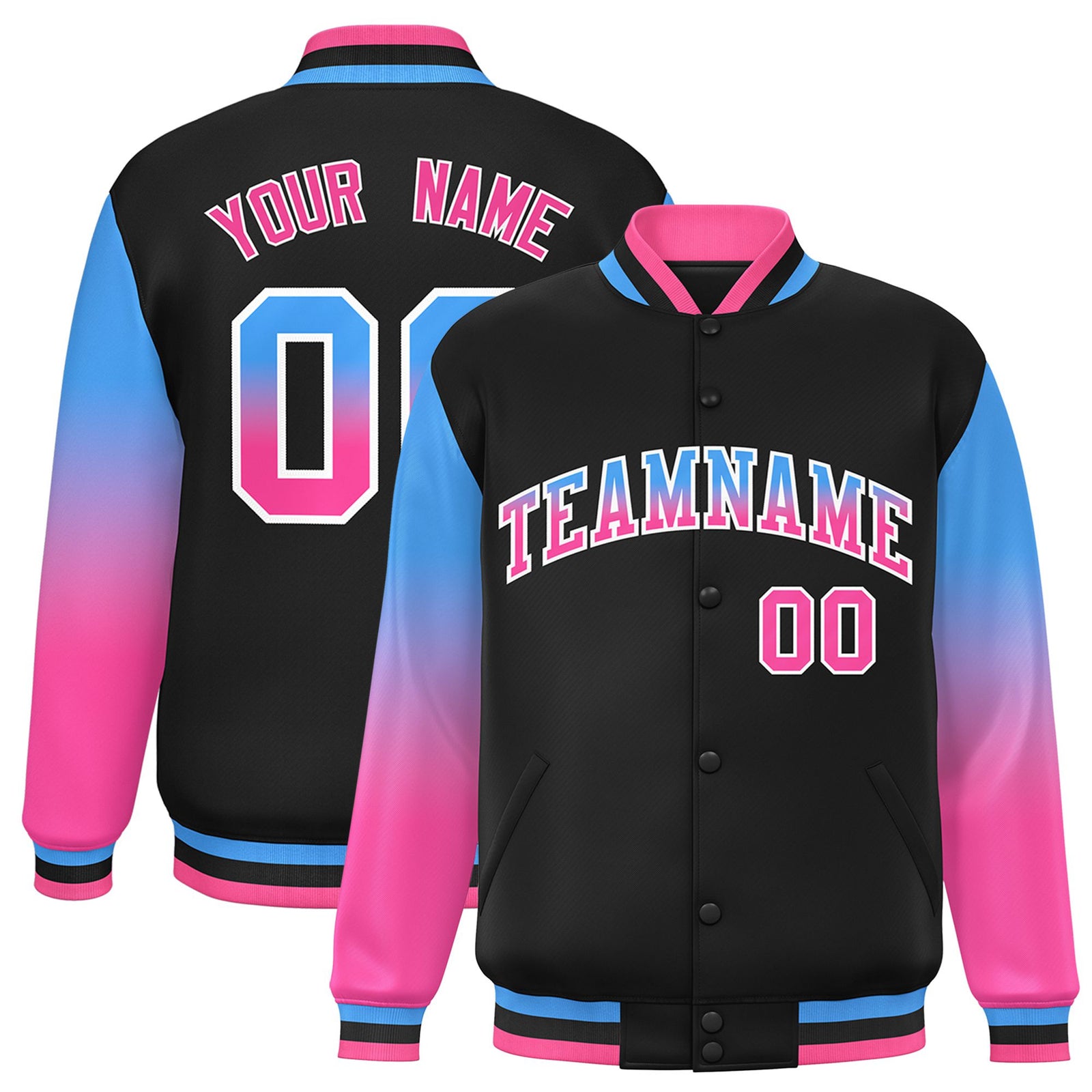 Custom Black Powder Blue-Pink Varsity Full-Snap Sleeve Gradient Fashion Letterman Baseball Jacket