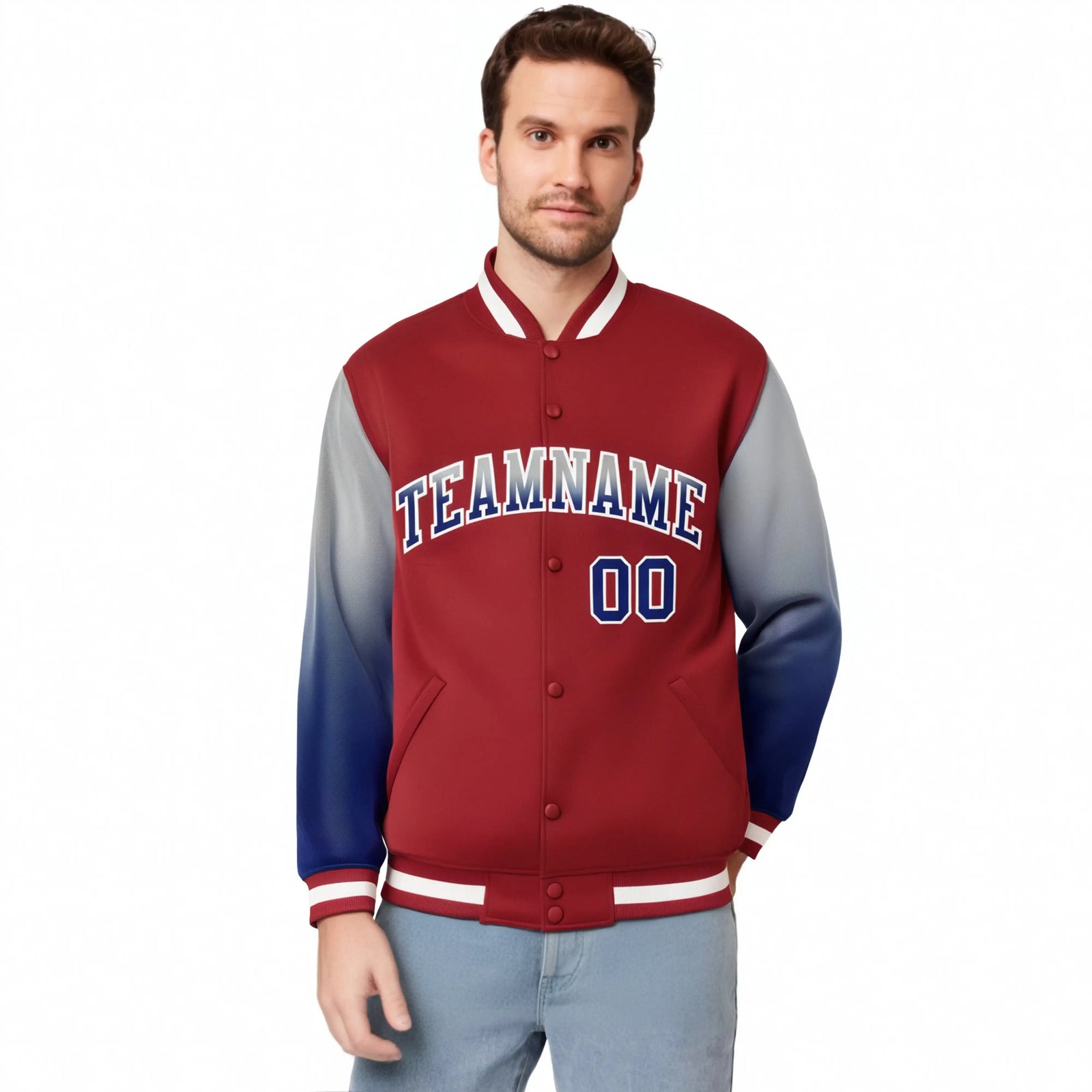 Custom Red Gray-Royal Blue Varsity Full-Snap Sleeve Gradient Fashion Letterman Baseball Jacket