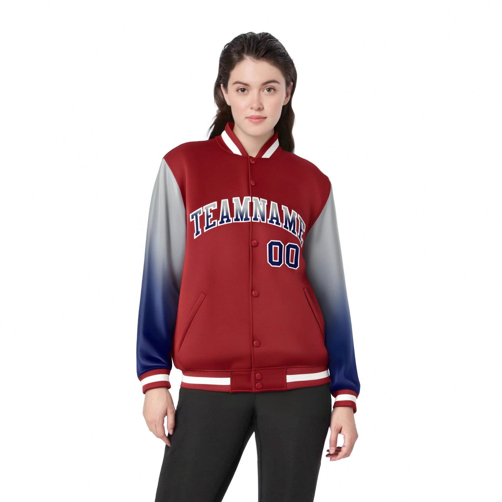 Custom Red Gray-Royal Blue Varsity Full-Snap Sleeve Gradient Fashion Letterman Baseball Jacket