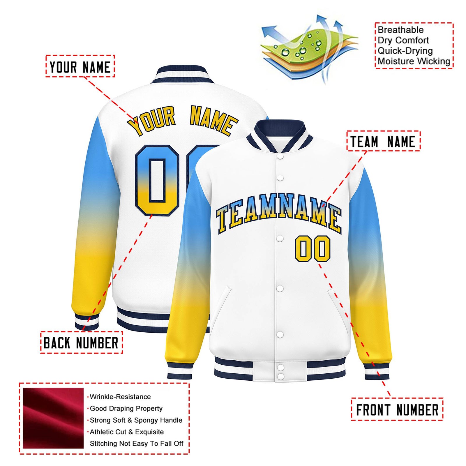 Custom White Powder Blue-Gold Varsity Full-Snap Sleeve Gradient Fashion Letterman Baseball Jacket