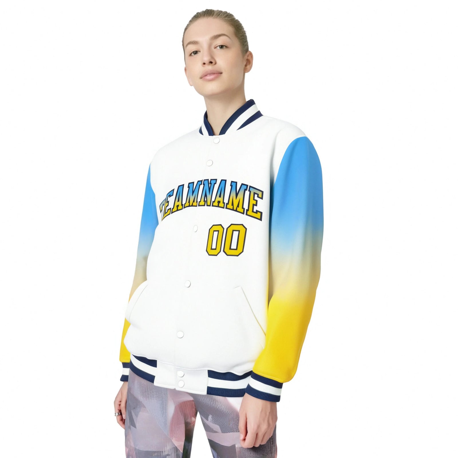 Custom White Powder Blue-Gold Varsity Full-Snap Sleeve Gradient Fashion Letterman Baseball Jacket