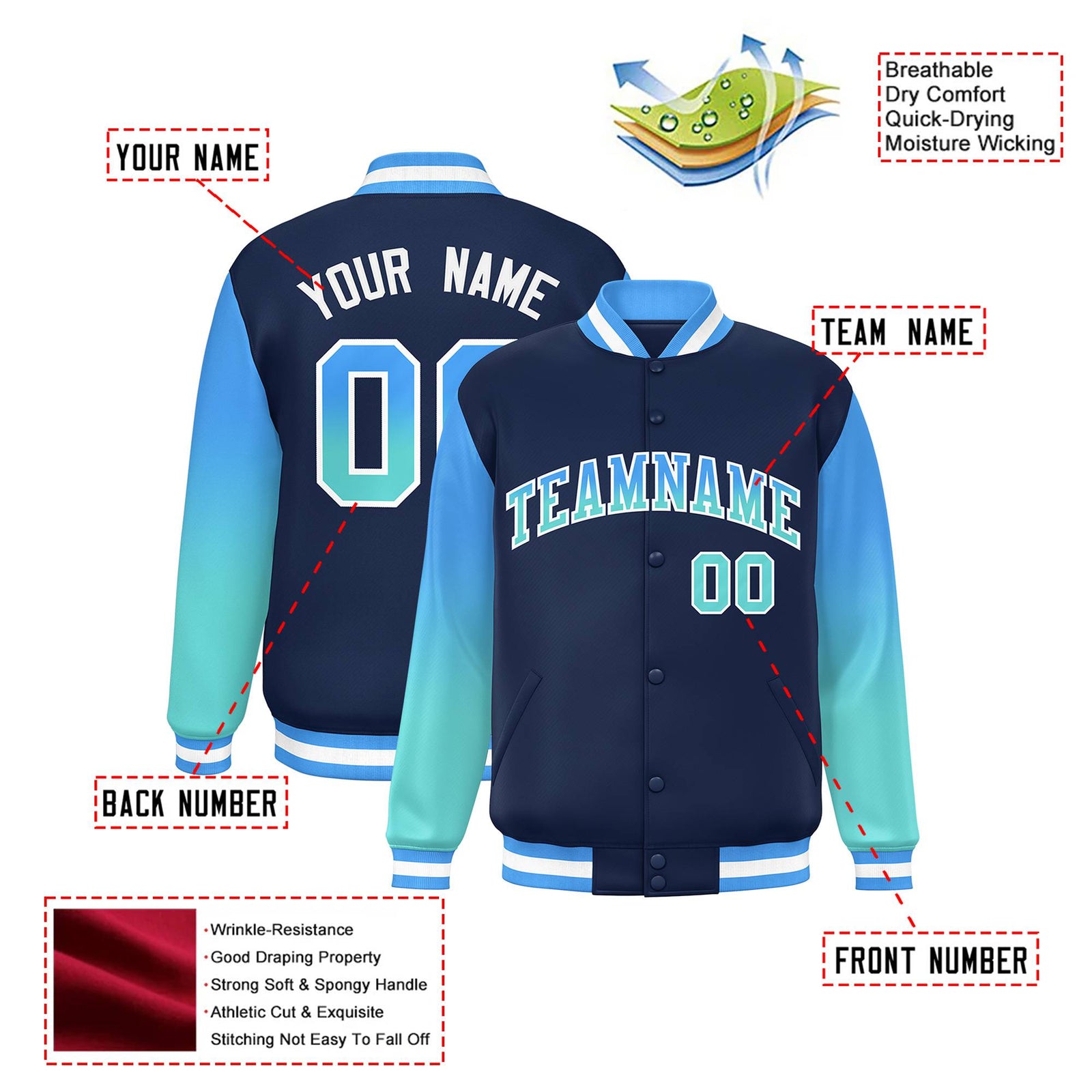 Custom Navy Powder Blue-Aqua Varsity Full-Snap Sleeve Gradient Fashion Letterman Baseball Jacket