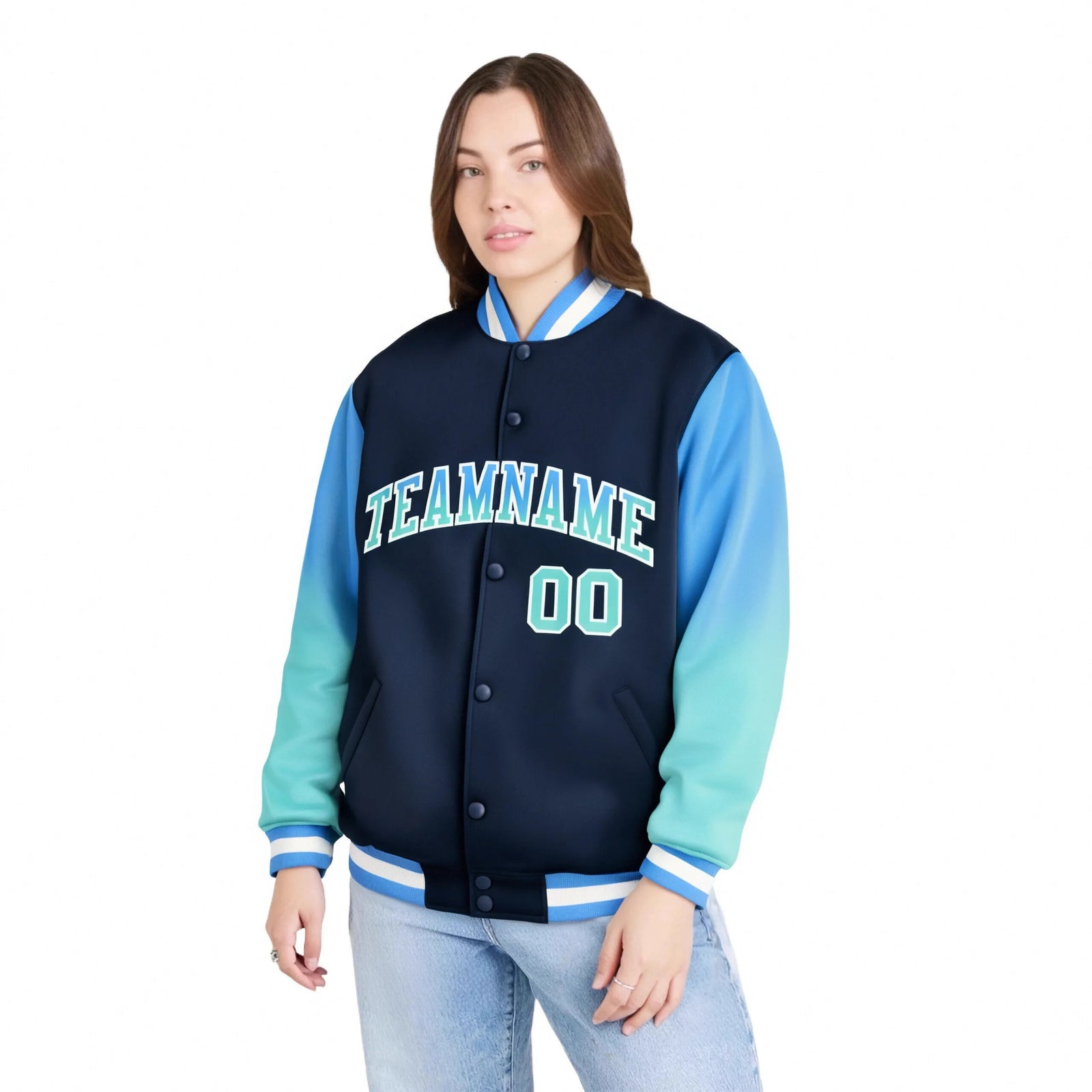 Custom Navy Powder Blue-Aqua Varsity Full-Snap Sleeve Gradient Fashion Letterman Baseball Jacket