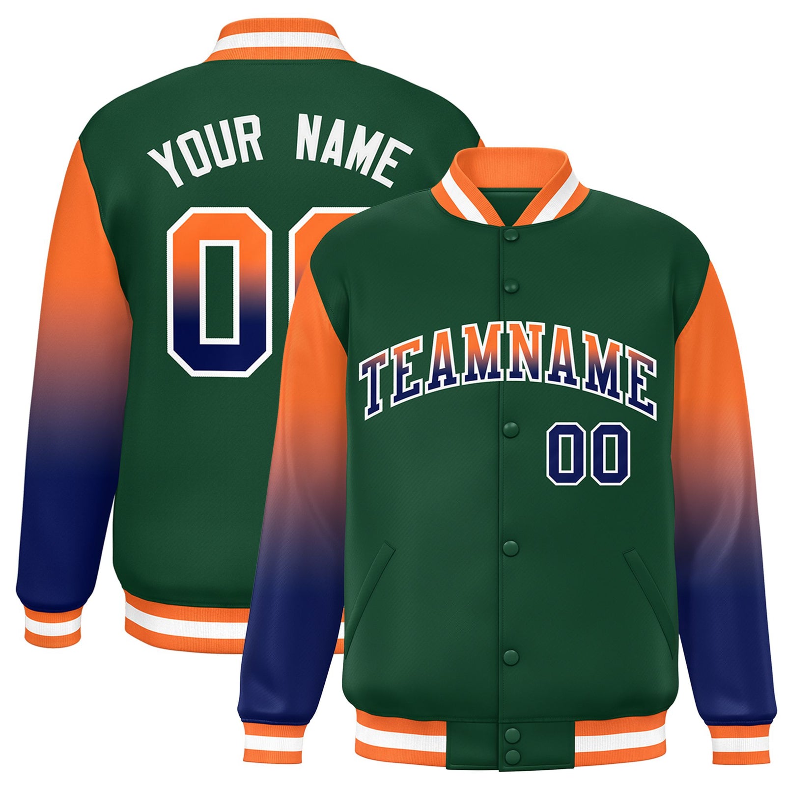 Custom Green Orange-Royal Blue Varsity Full-Snap Sleeve Gradient Fashion Letterman Baseball Jacket