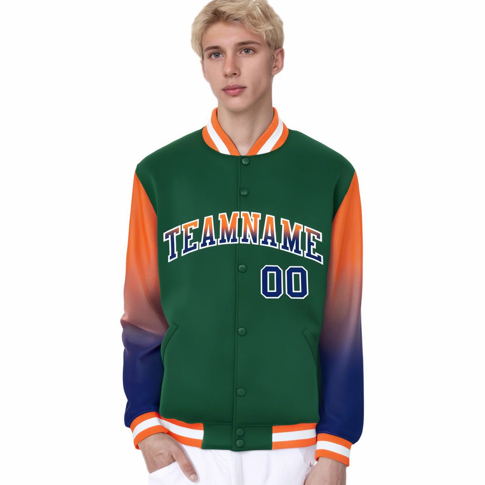 Custom Green Orange-Royal Blue Varsity Full-Snap Sleeve Gradient Fashion Letterman Baseball Jacket