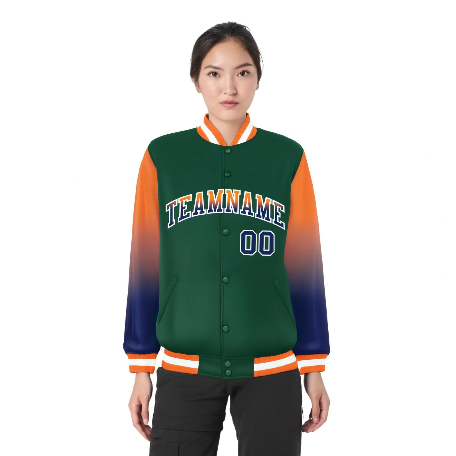 Custom Green Orange-Royal Blue Varsity Full-Snap Sleeve Gradient Fashion Letterman Baseball Jacket