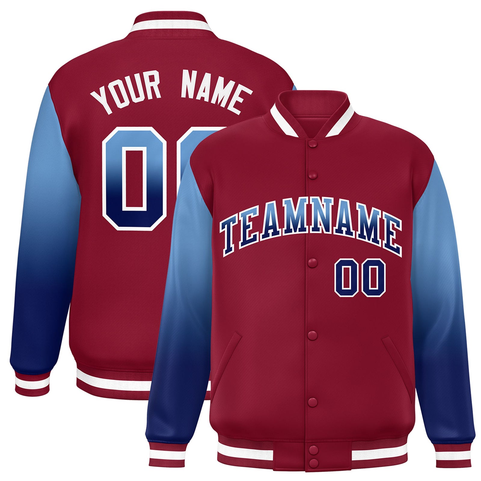 Custom Crimson Light Blue-Royal Blue Varsity Full-Snap Sleeve Gradient Fashion Letterman Baseball Jacket