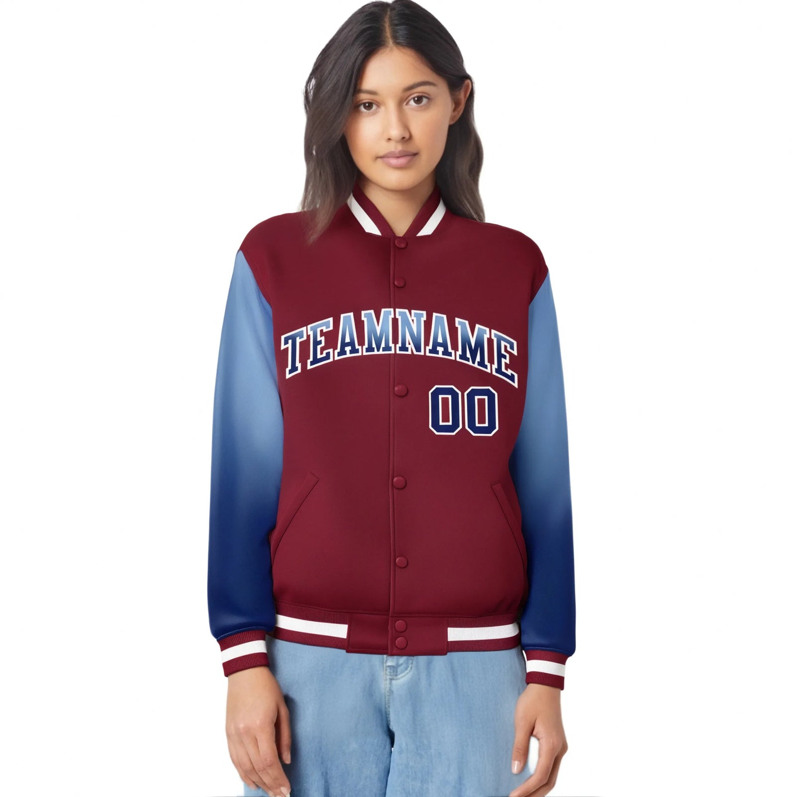 Custom Crimson Light Blue-Royal Blue Varsity Full-Snap Sleeve Gradient Fashion Letterman Baseball Jacket