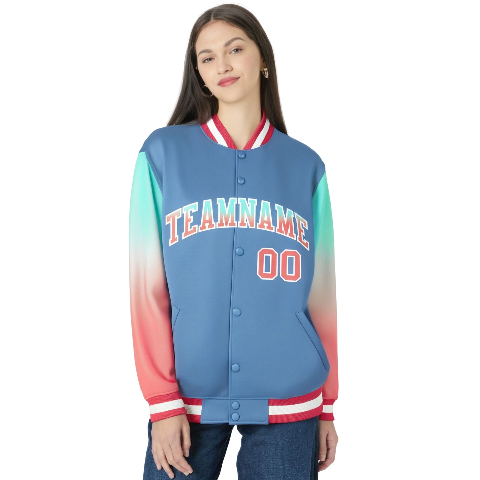 Custom Light Blue Bright Green-Light Red Varsity Full-Snap Sleeve Gradient Fashion Letterman Baseball Jacket