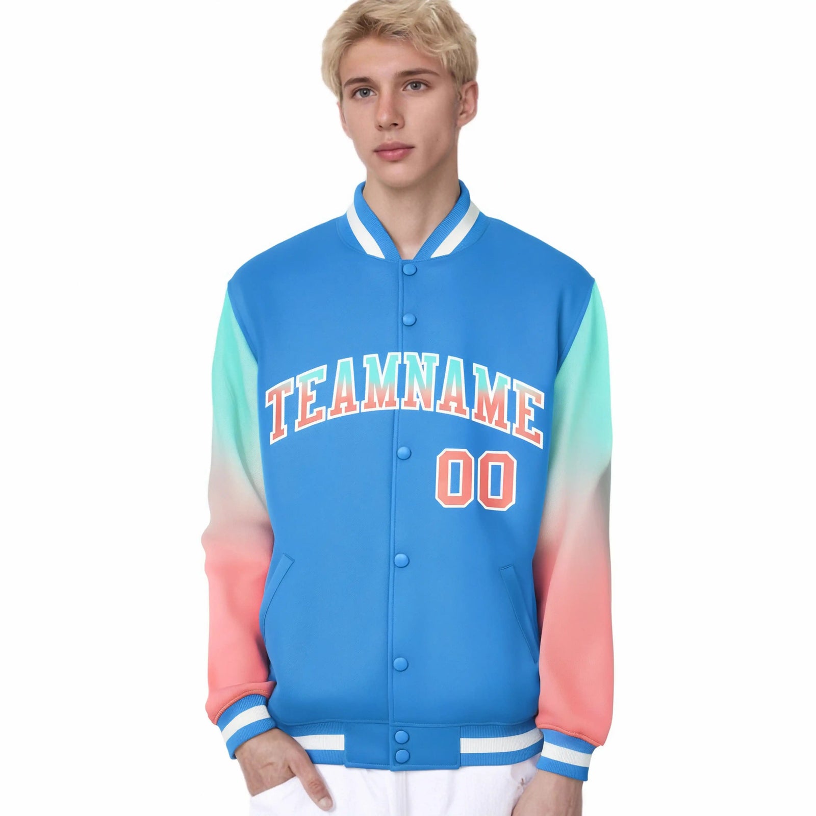 Custom Powder Blue Bright Green-Light Red Varsity Full-Snap Sleeve Gradient Fashion Letterman Baseball Jacket