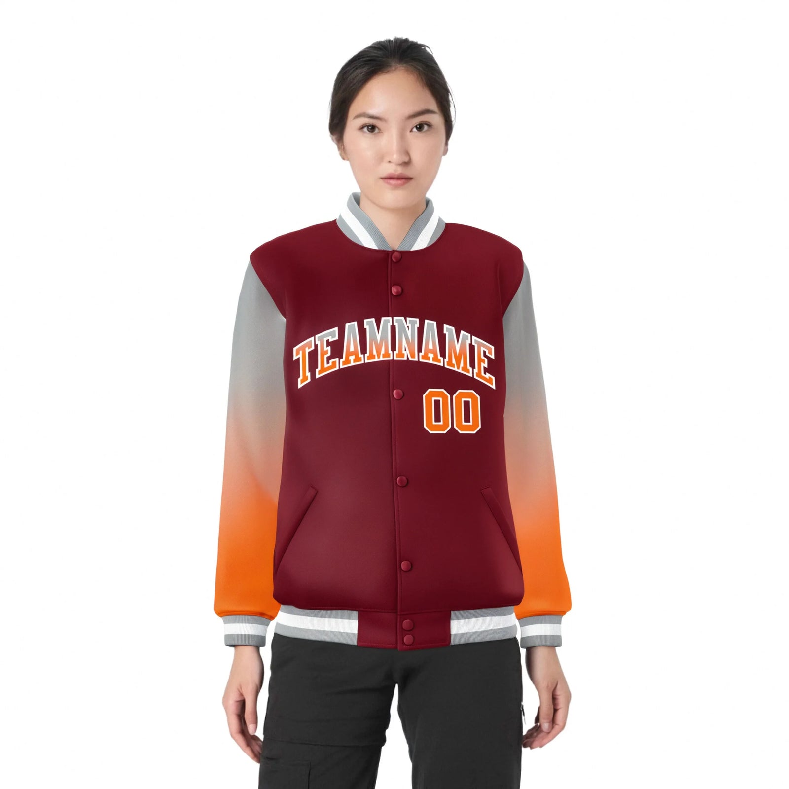 Custom Crimson Gray-Orange Varsity Full-Snap Sleeve Gradient Fashion Letterman Baseball Jacket