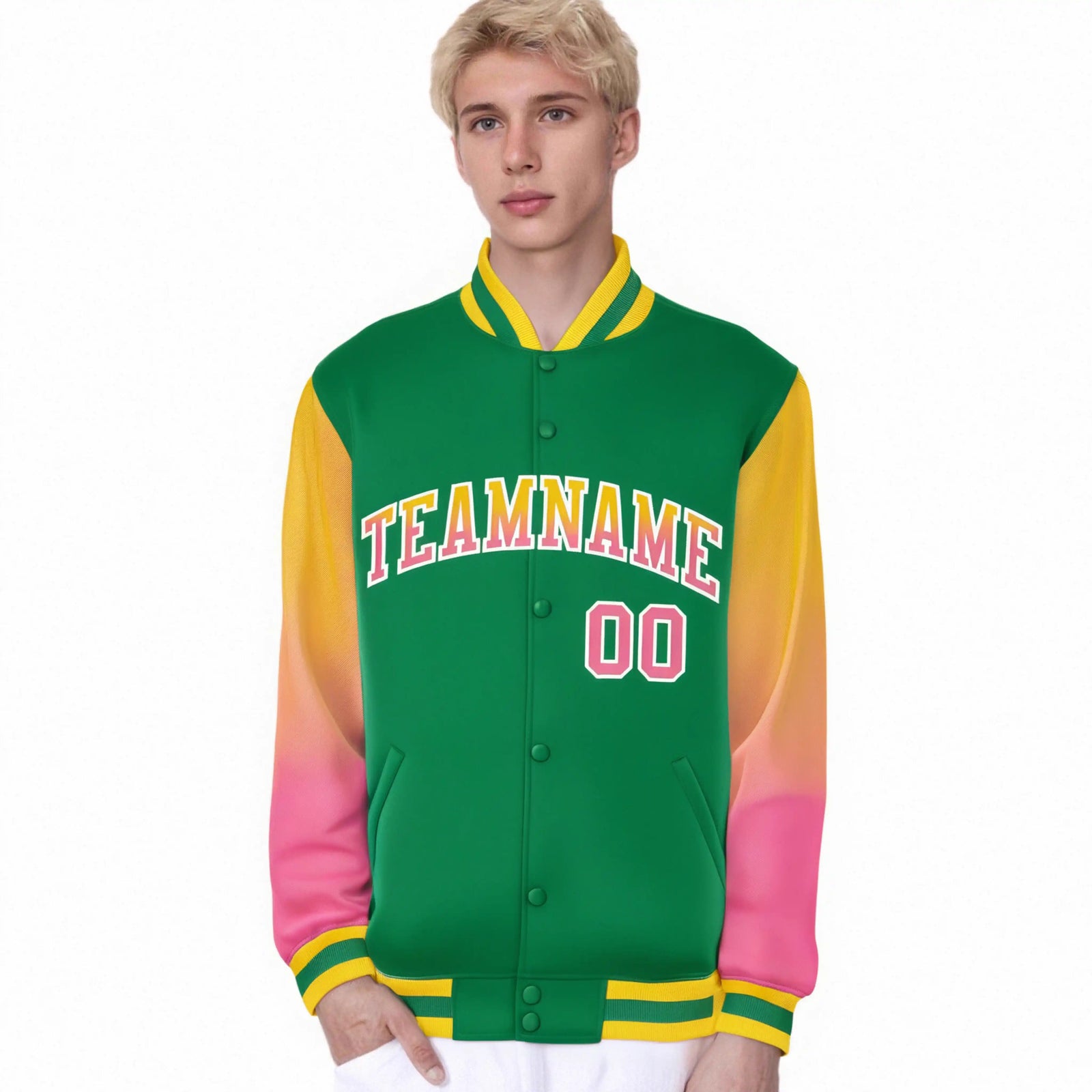 Custom Kelly Green Yellow-Pink Varsity Full-Snap Sleeve Gradient Fashion Letterman Baseball Jacket