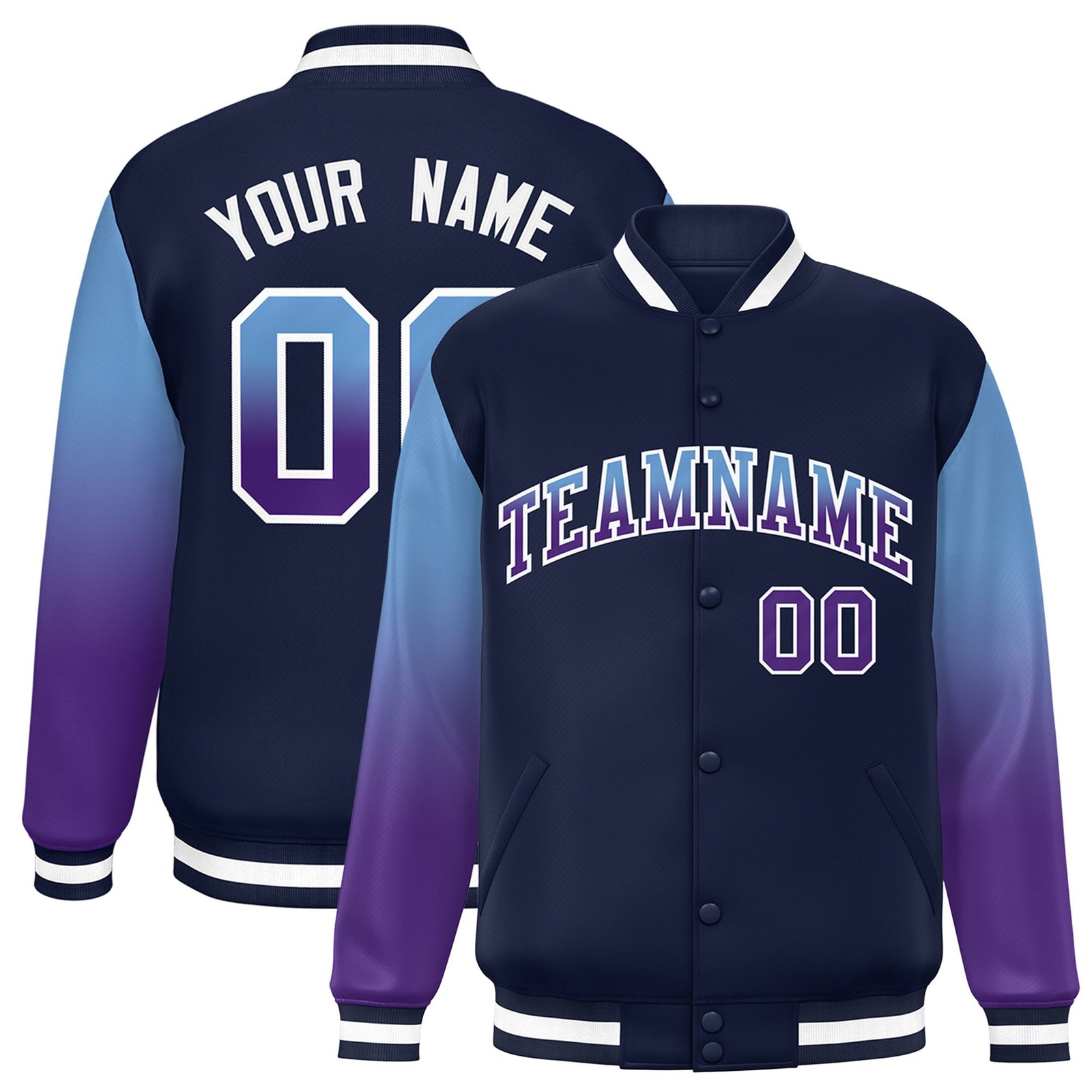 Custom Navy Light Blue-Purple Varsity Full-Snap Sleeve Gradient Fashion Letterman Baseball Jacket
